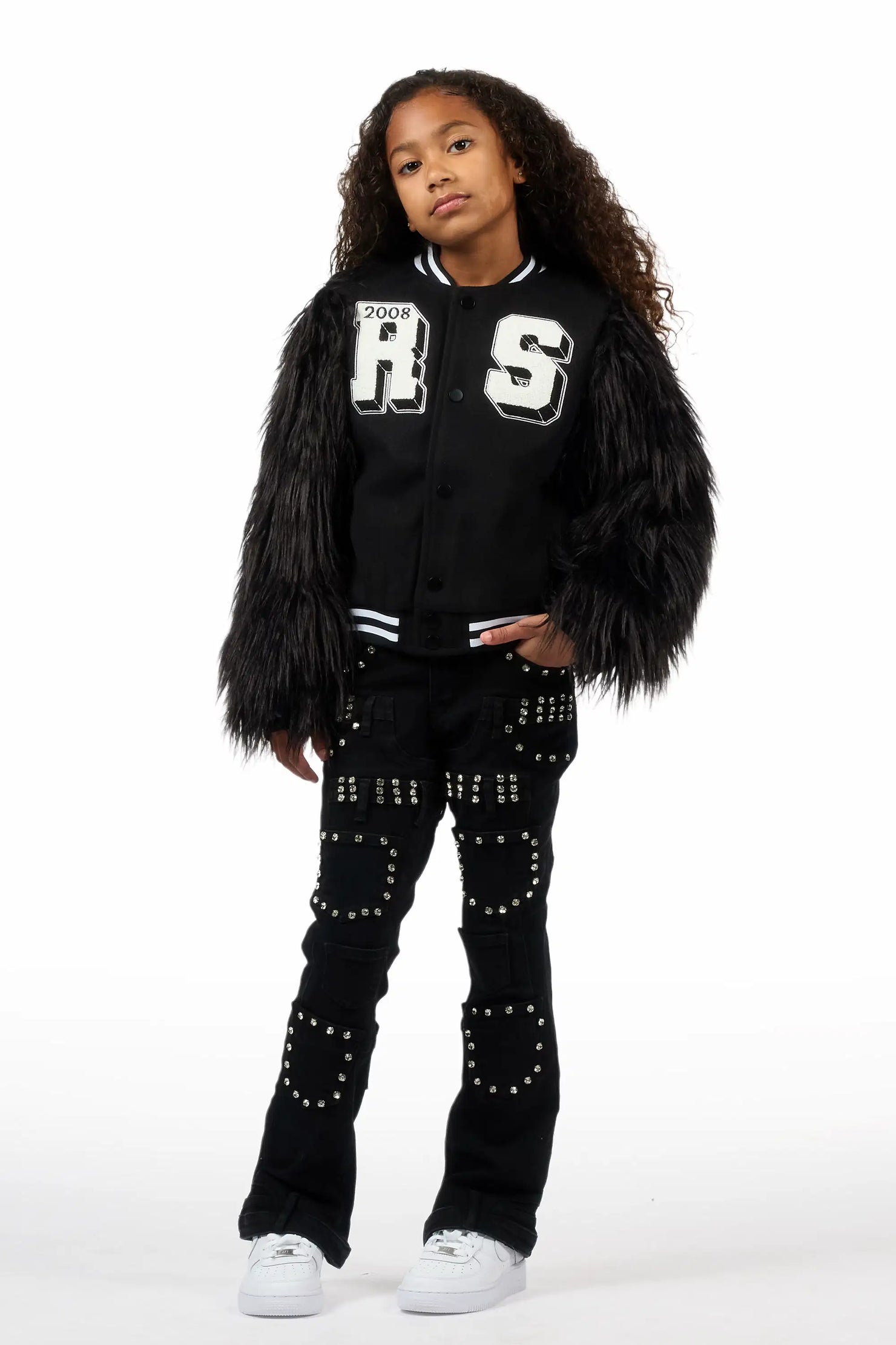 Girls Jameicia Black Fur Sleeve Varsity Jacket