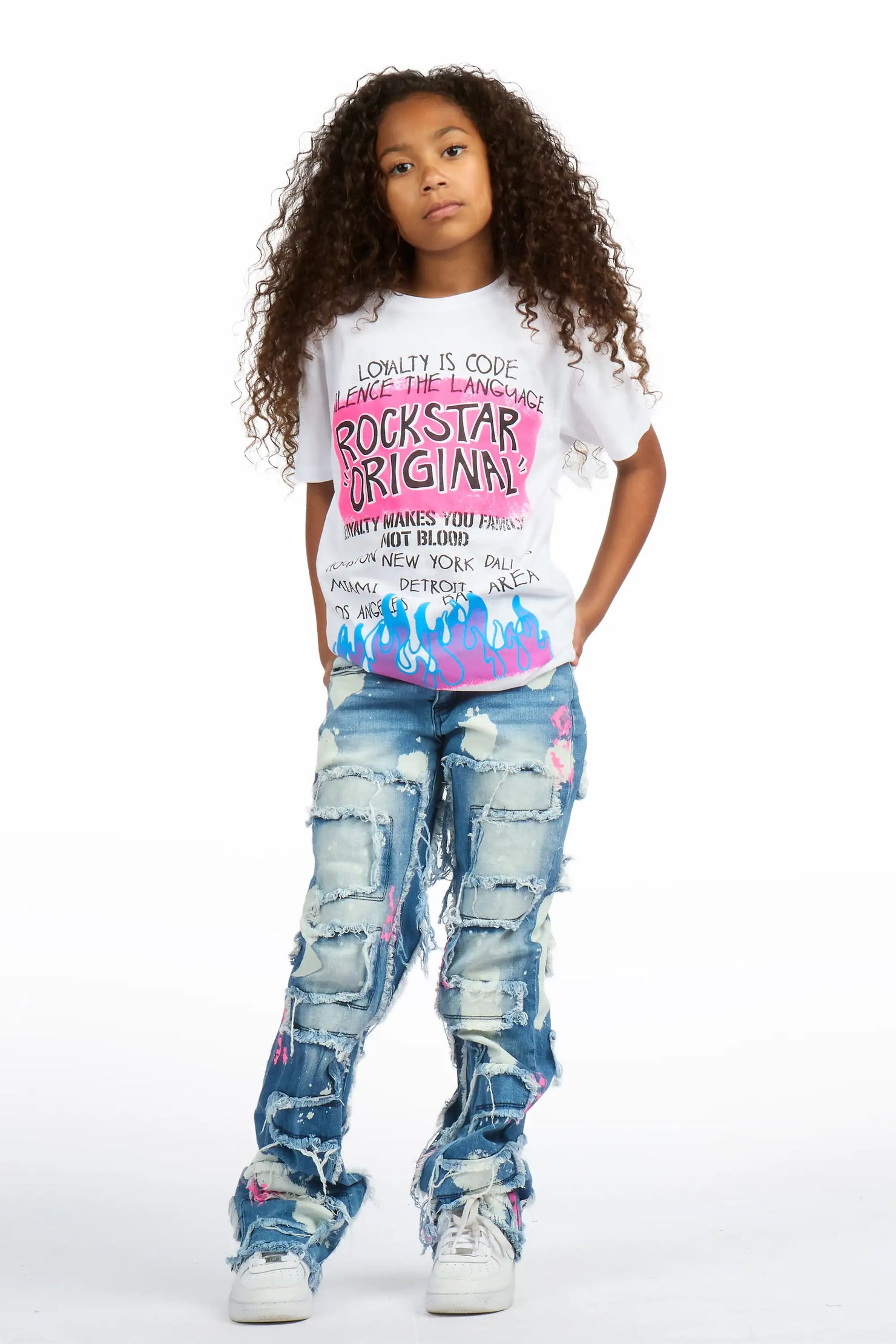 Girls Bannie Blue/Pink Stacked Painter Flare Jean