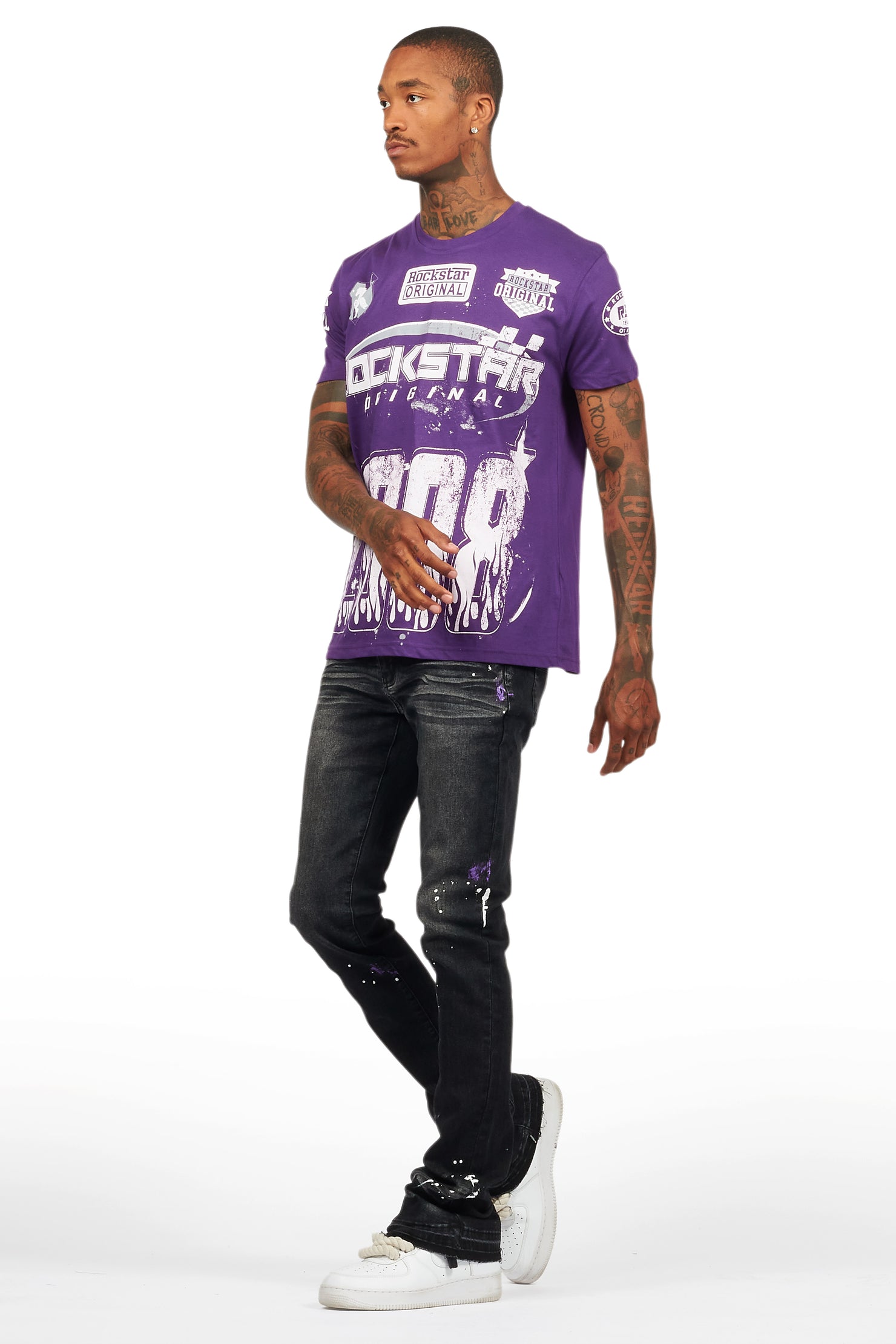 Amos Purple Graphic T-Shirt & Dag Dark Grey Jean Bundle