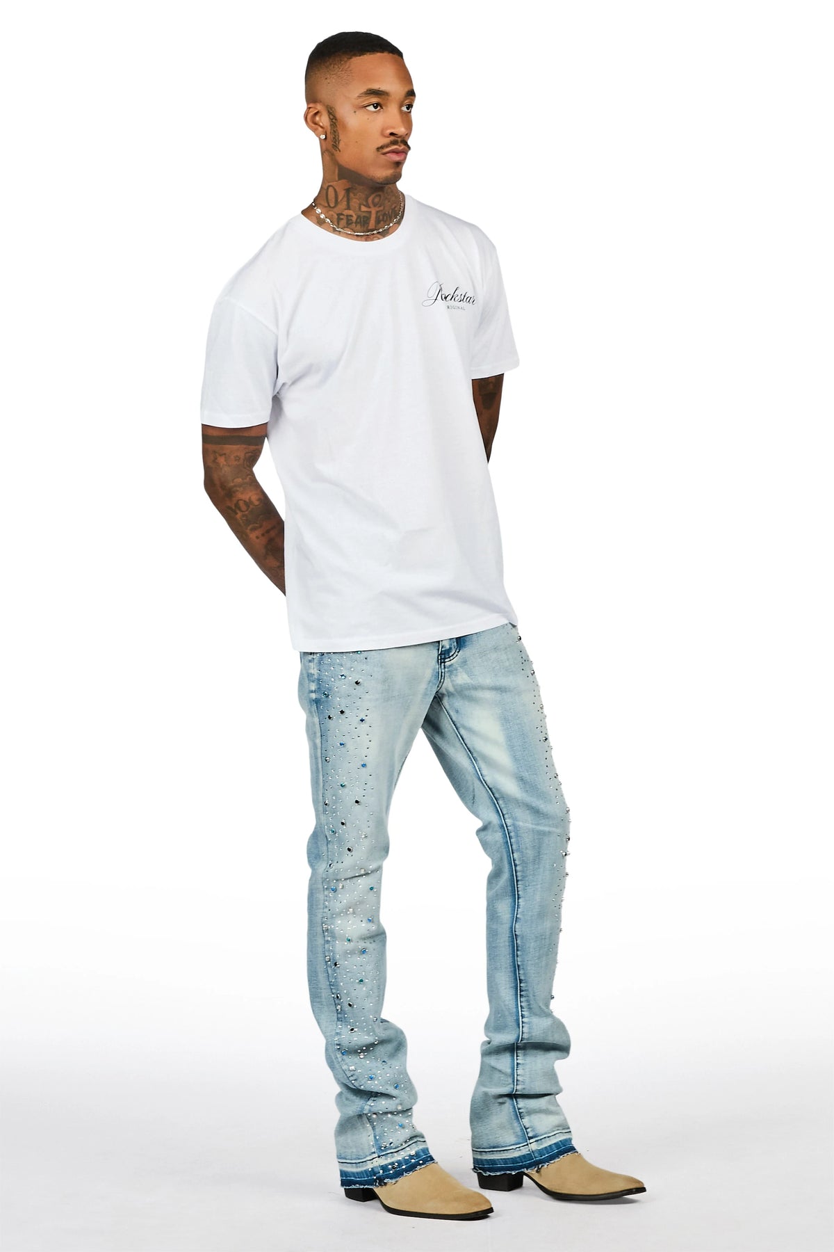 Monty Light Blue Rhinestone Studded Stacked Flare Jean