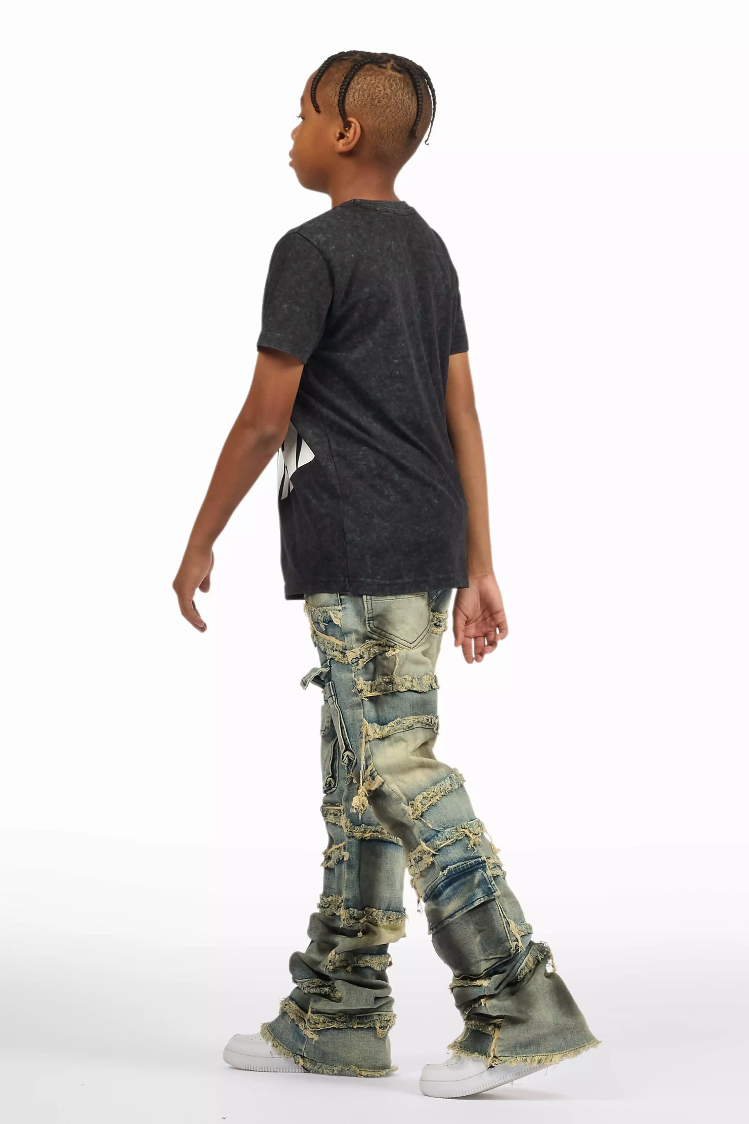 Boys Yves Blue Ripped Stacked Flare Cargo Jeans