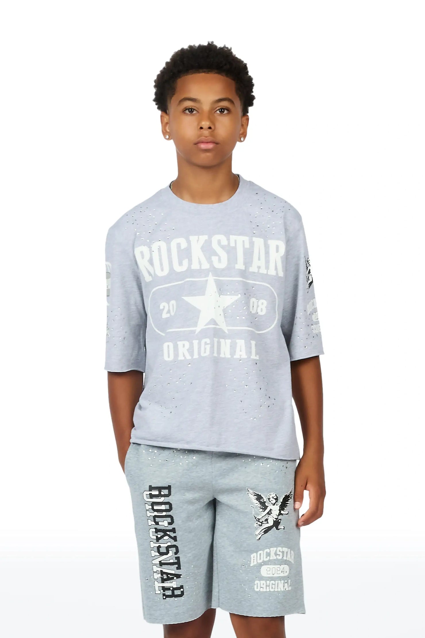 Boys Gutta Grey Rhinestone Boxy T-Shirt/Short Set