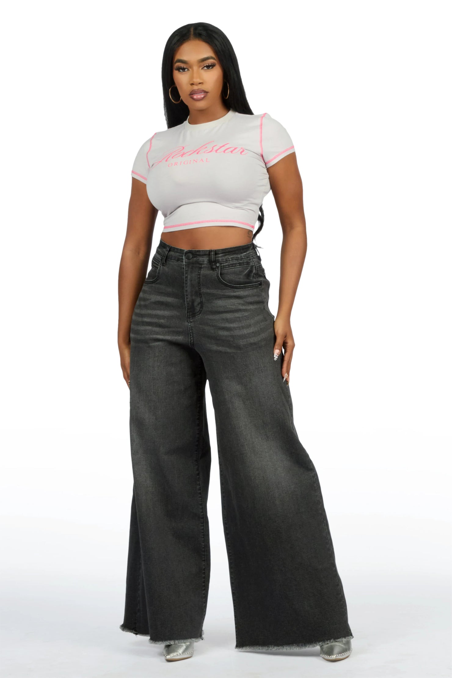 Cegaria Grey Wash High Rise Elastic Back Stretch Baggy Jean
