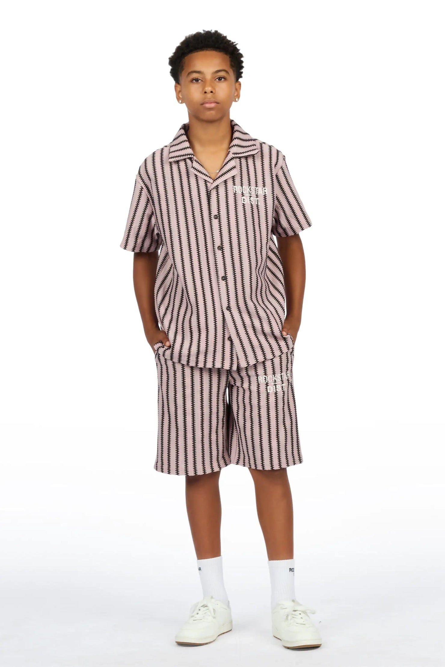 Boys Gerald Light Pink/Black Button Down Shirt/Short Set