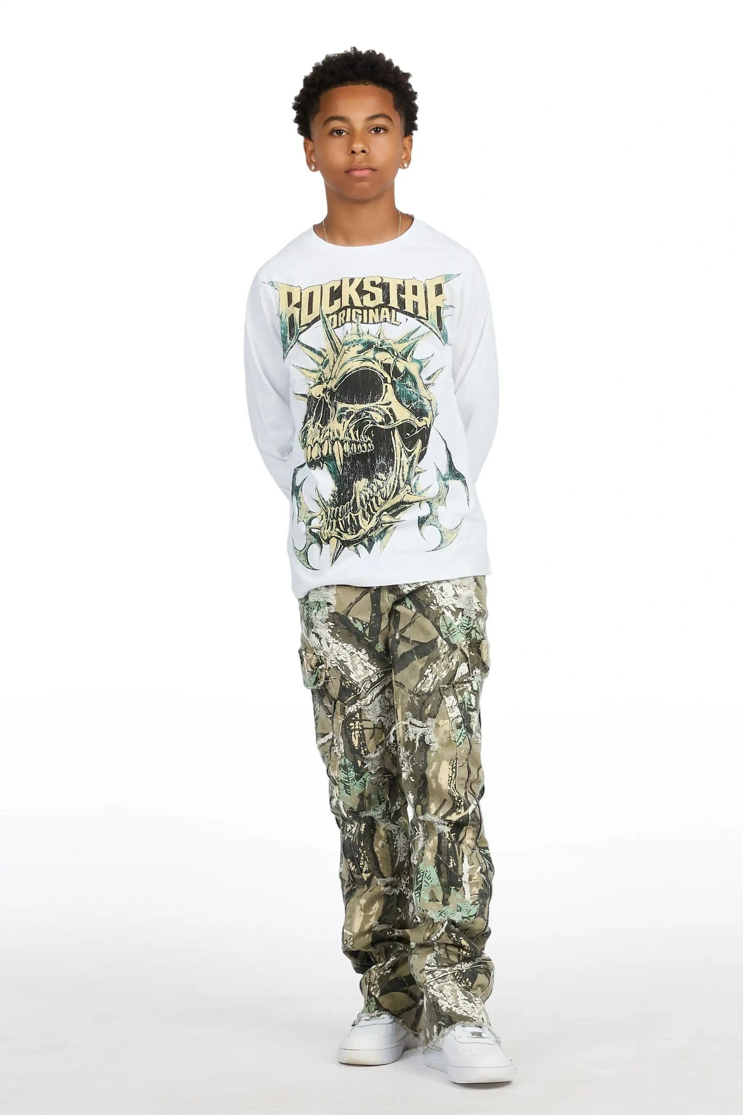 Boys Boos White/Tree Camo Long Sleeve T-shirt Stacked Jean Set