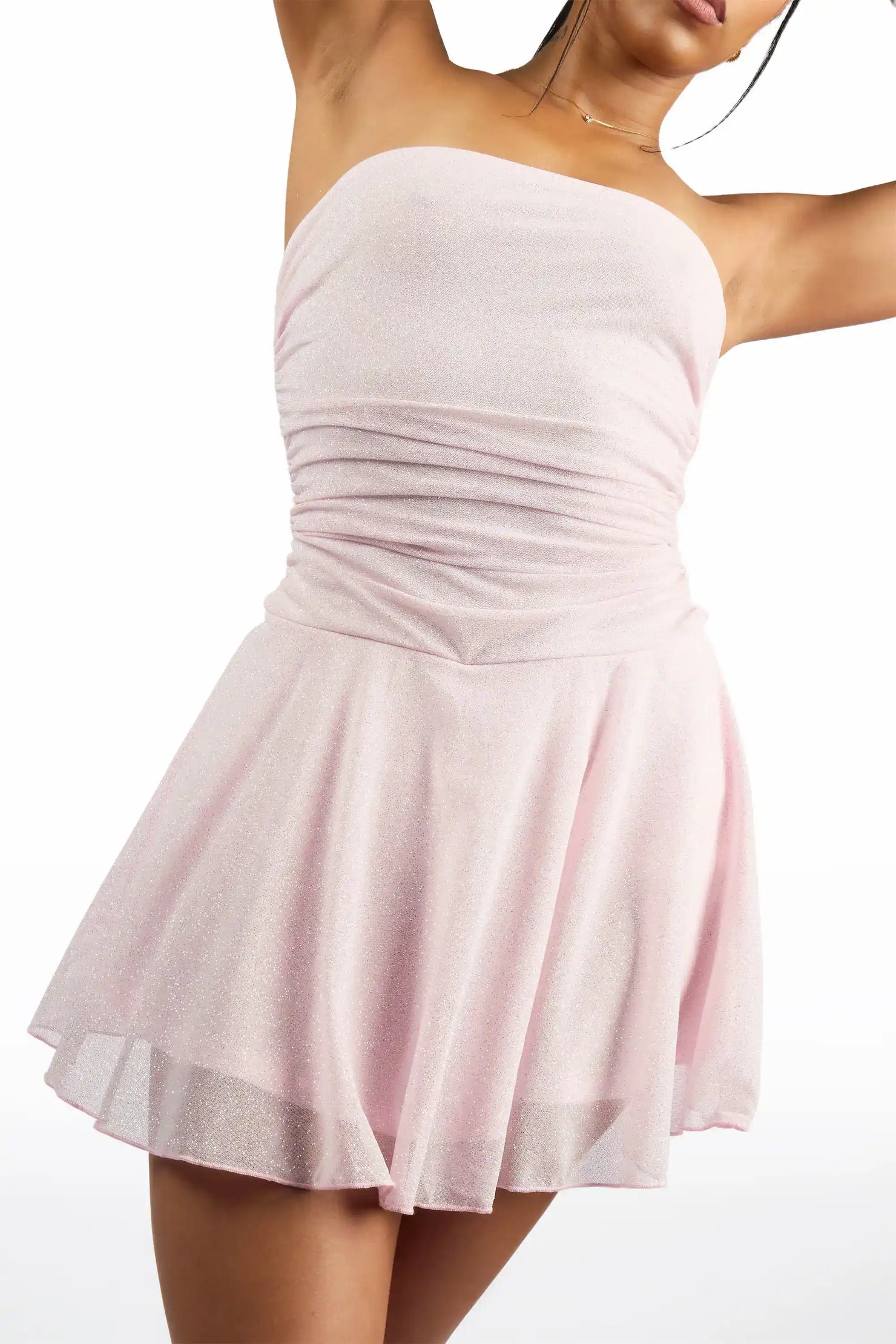 Glitter-Up Tiered Pink Mini Dress