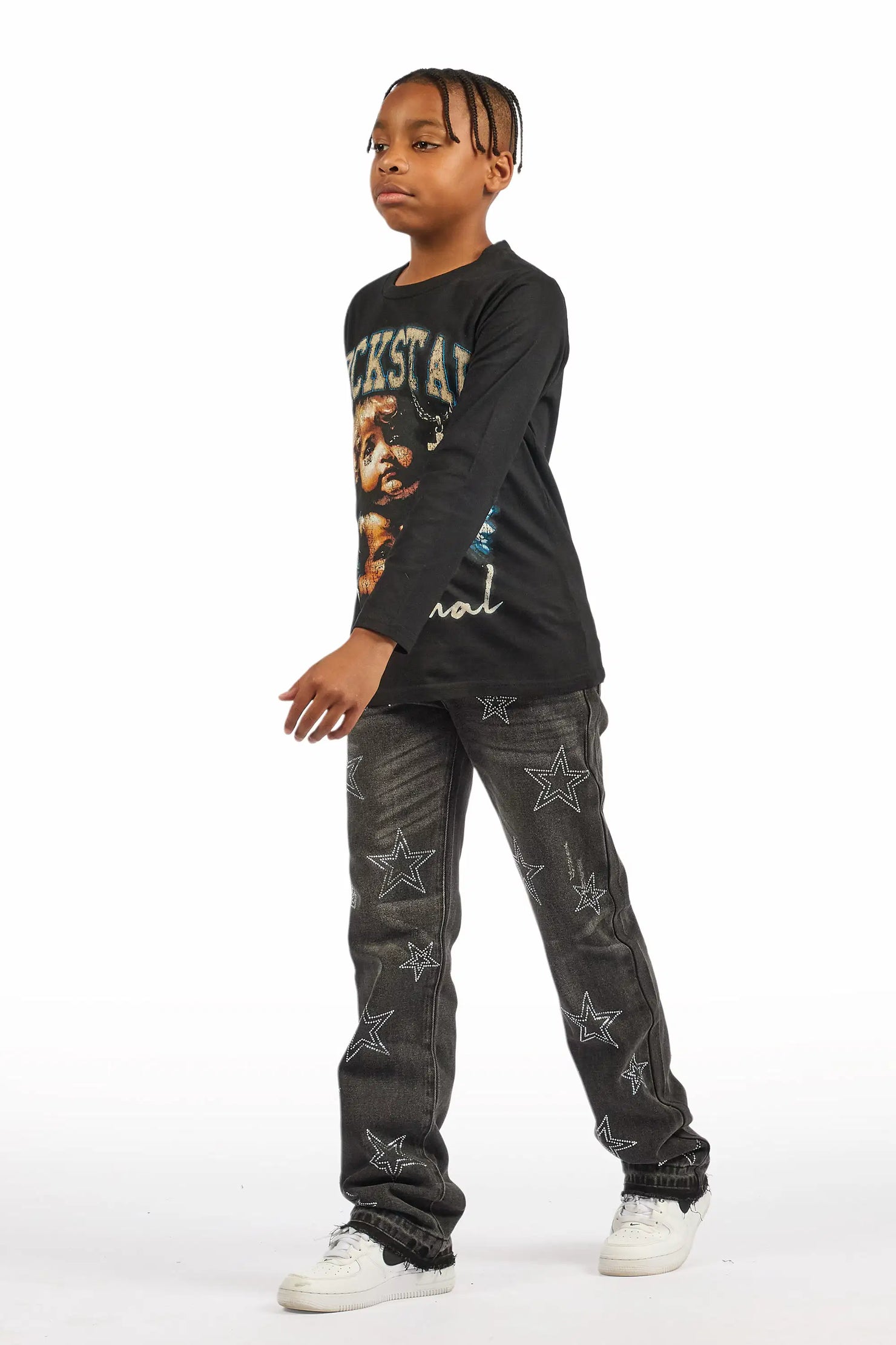 Boys Kama Dark Grey Rhinestone Stacked Flare Jean