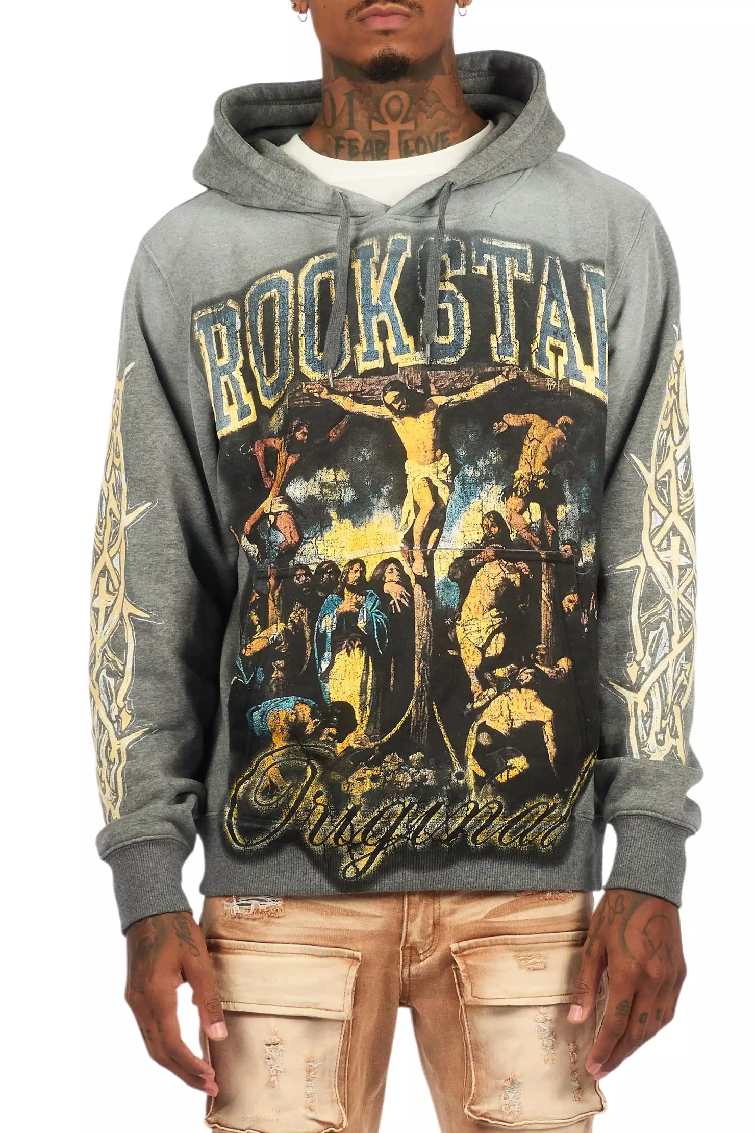 Waller Heather Grey Graphic Distressed Hoodie