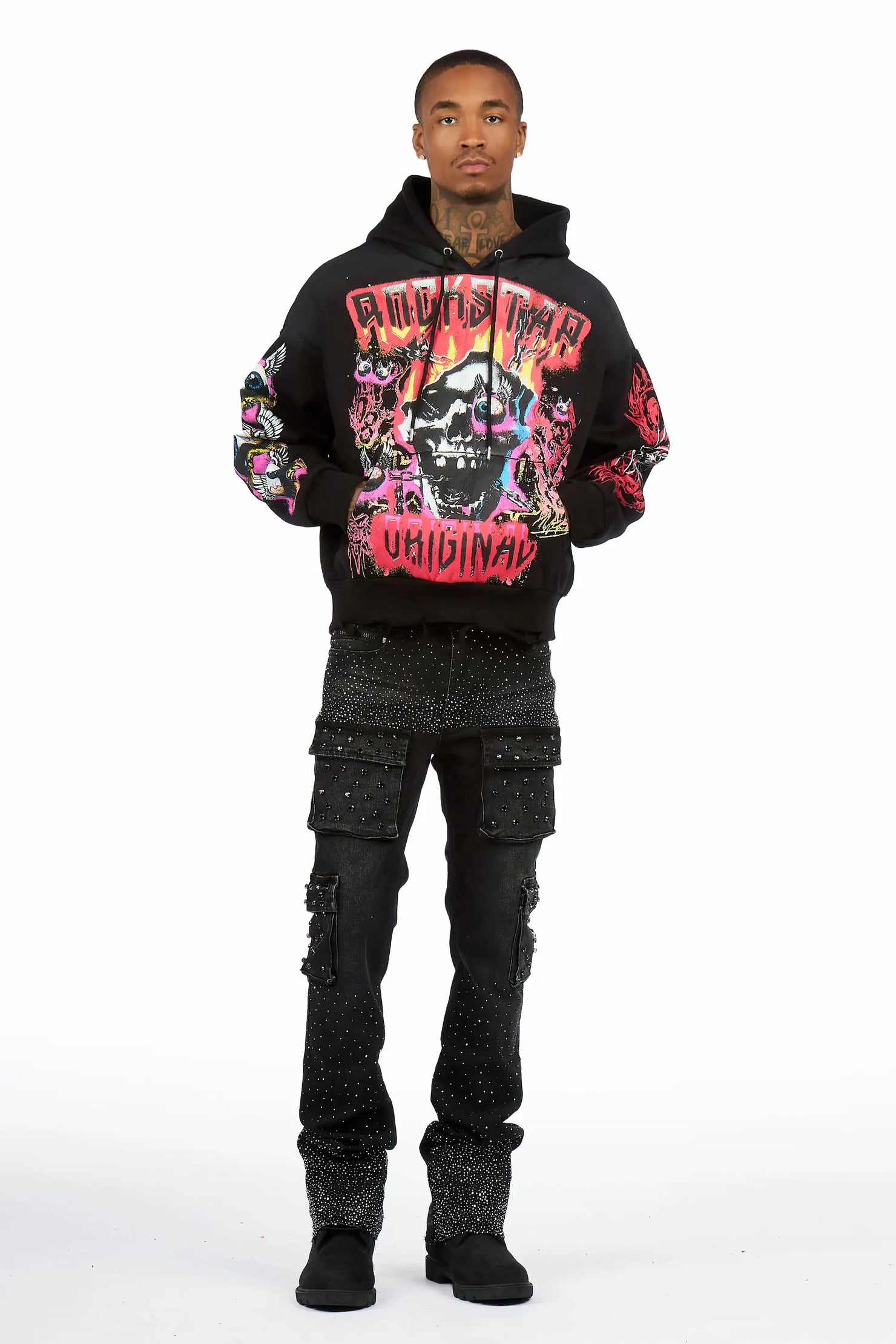 Styxx Black Distressed Graphic Relaxed Hoodie