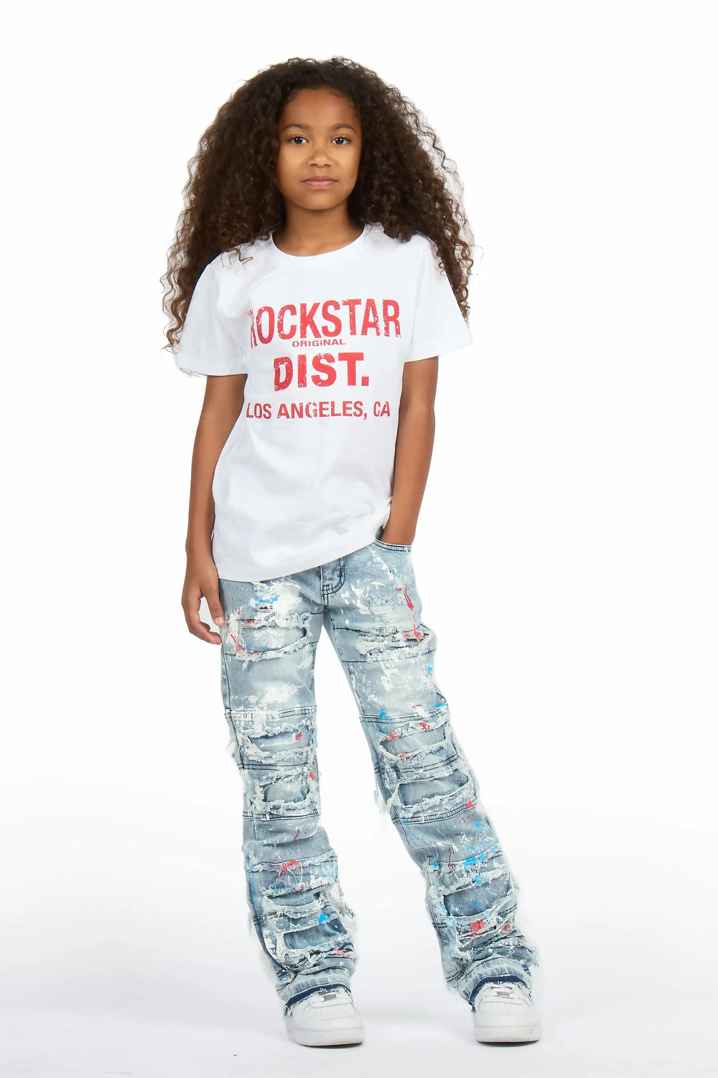 Girls Vassa Blue Stacked Painter Flare Jean