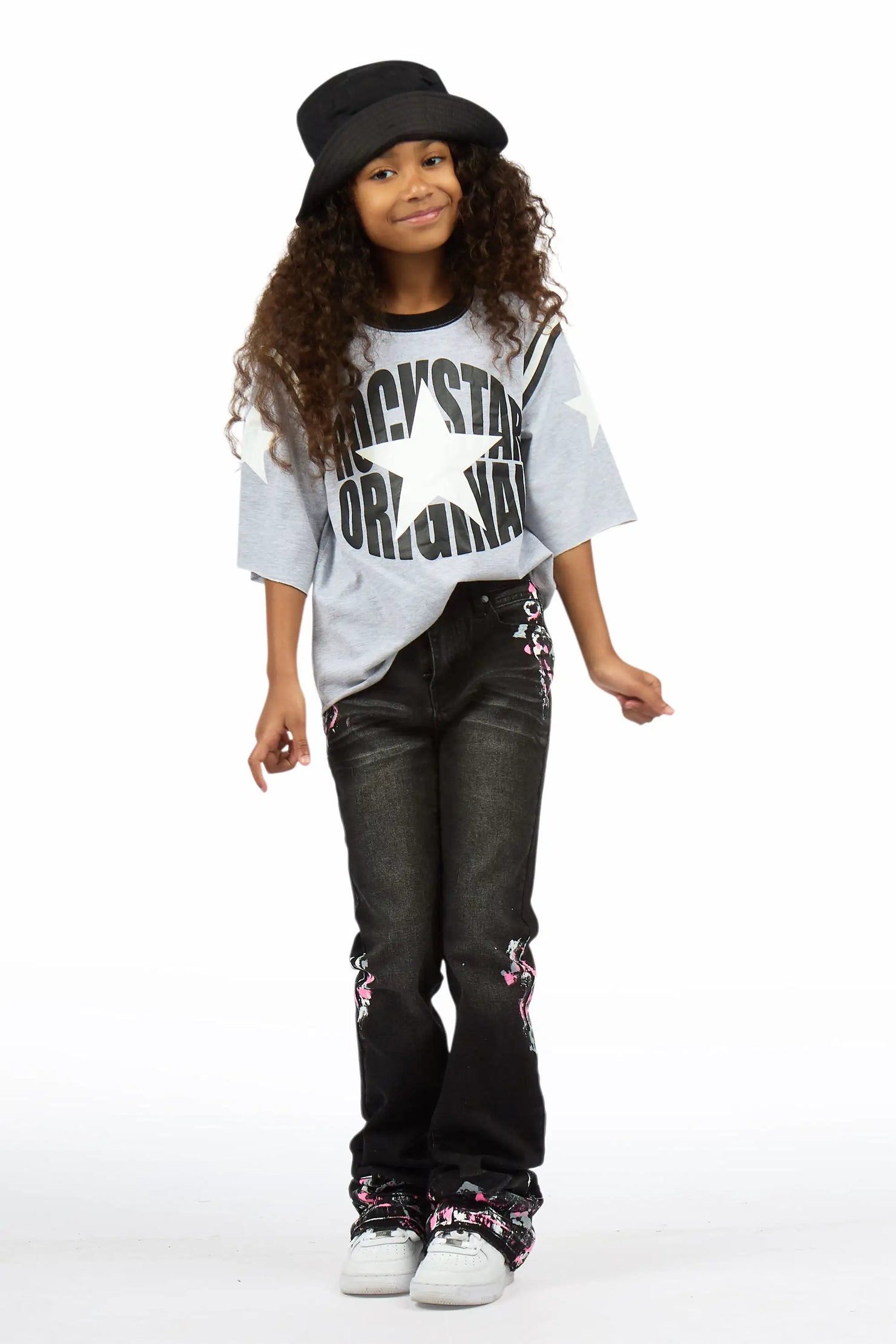 Girls Alora Grey/Dark Grey T-Shirt Stacked Jean Set