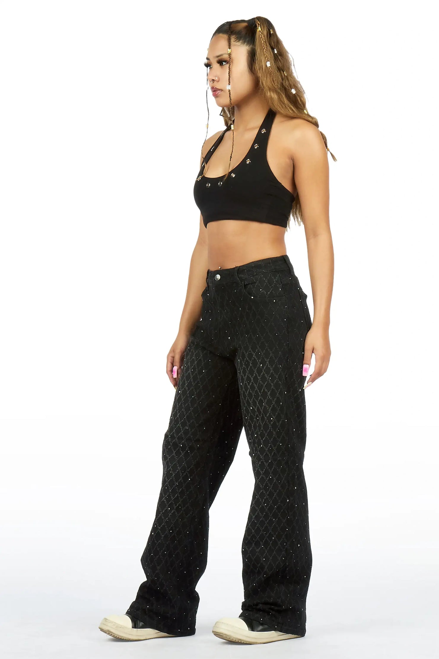 Amirah Black Rhinestone Wide Leg Jean