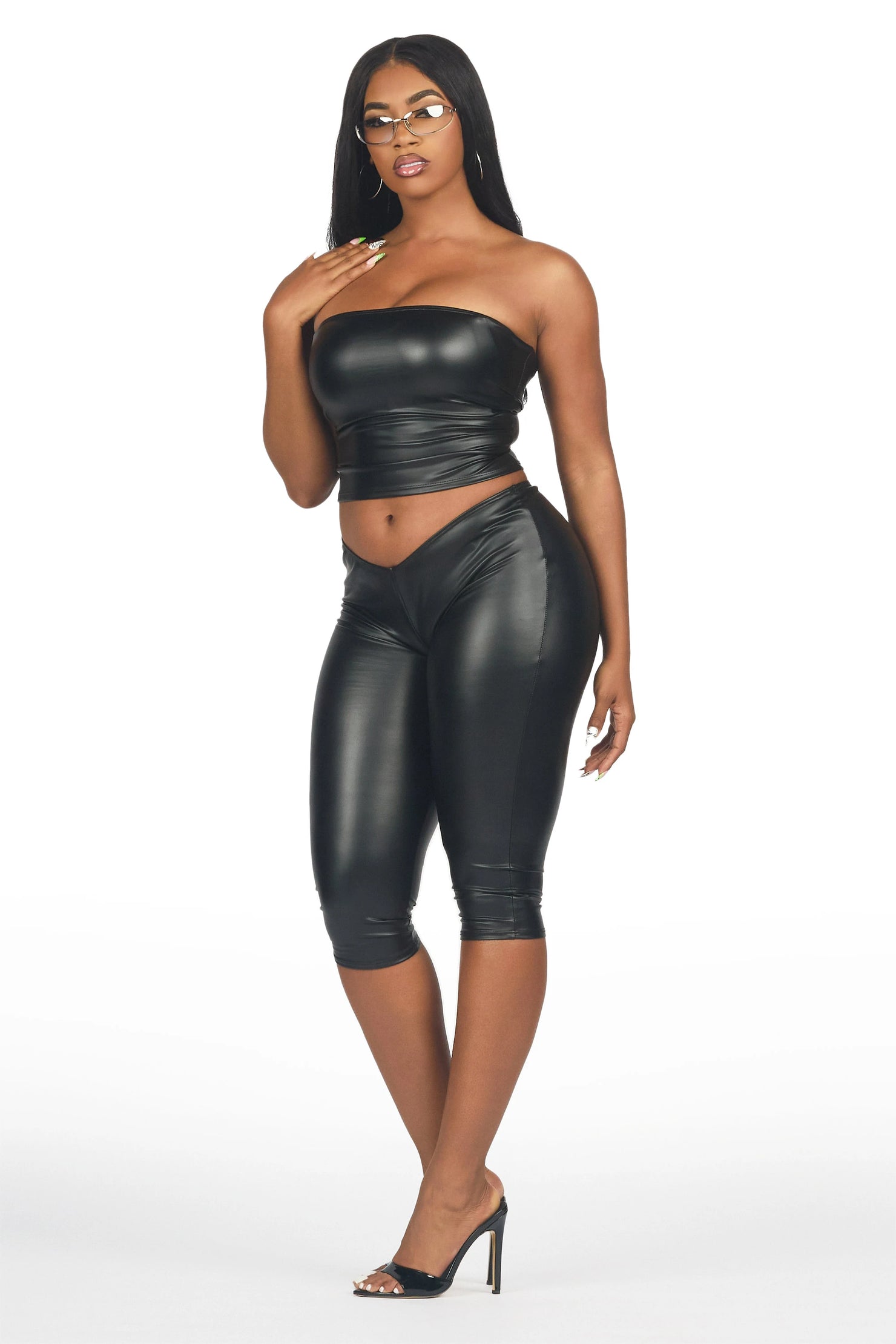Deep V Pleather Black Capri Set