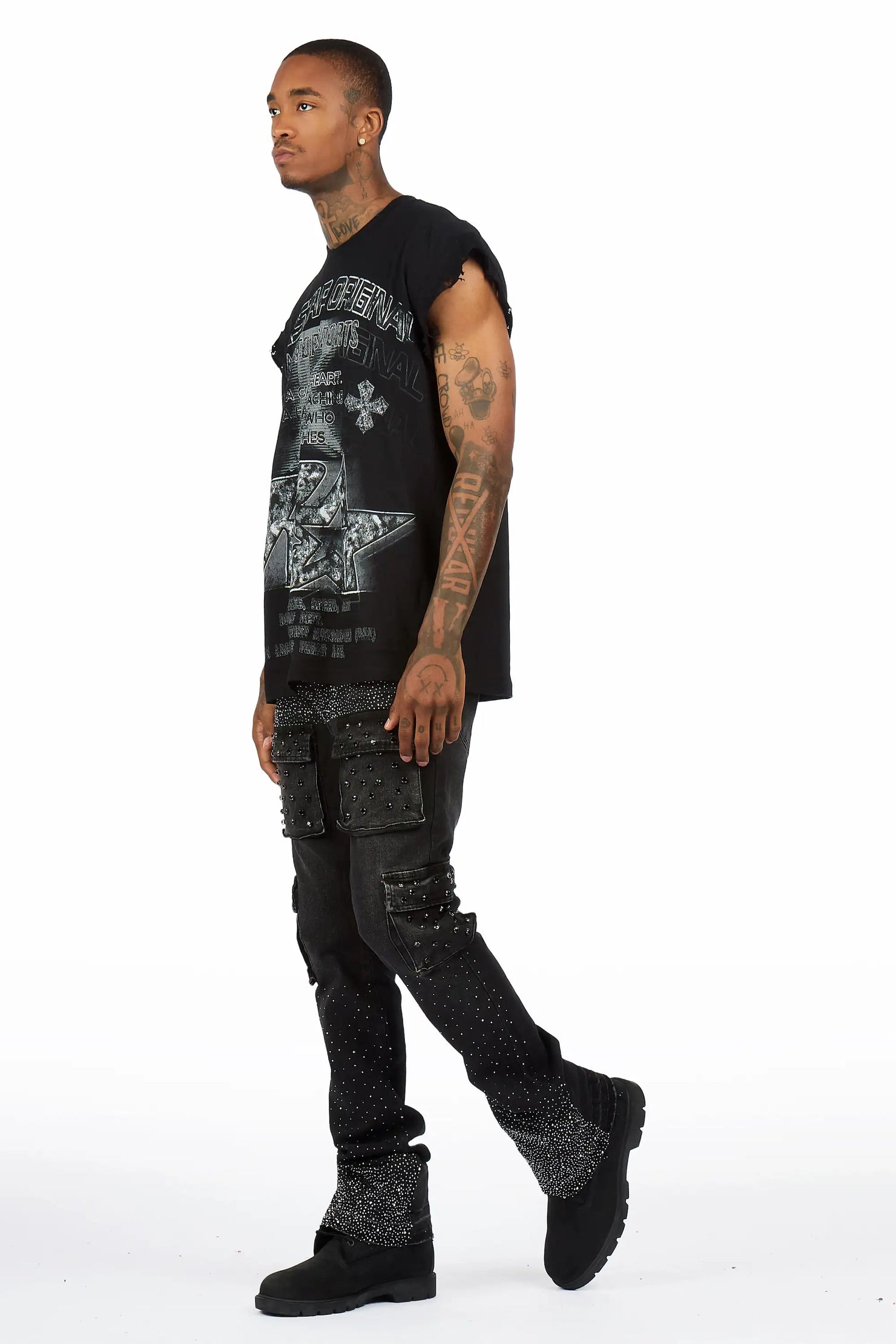 Arman Black Rhinestone Stacked Fit Jean