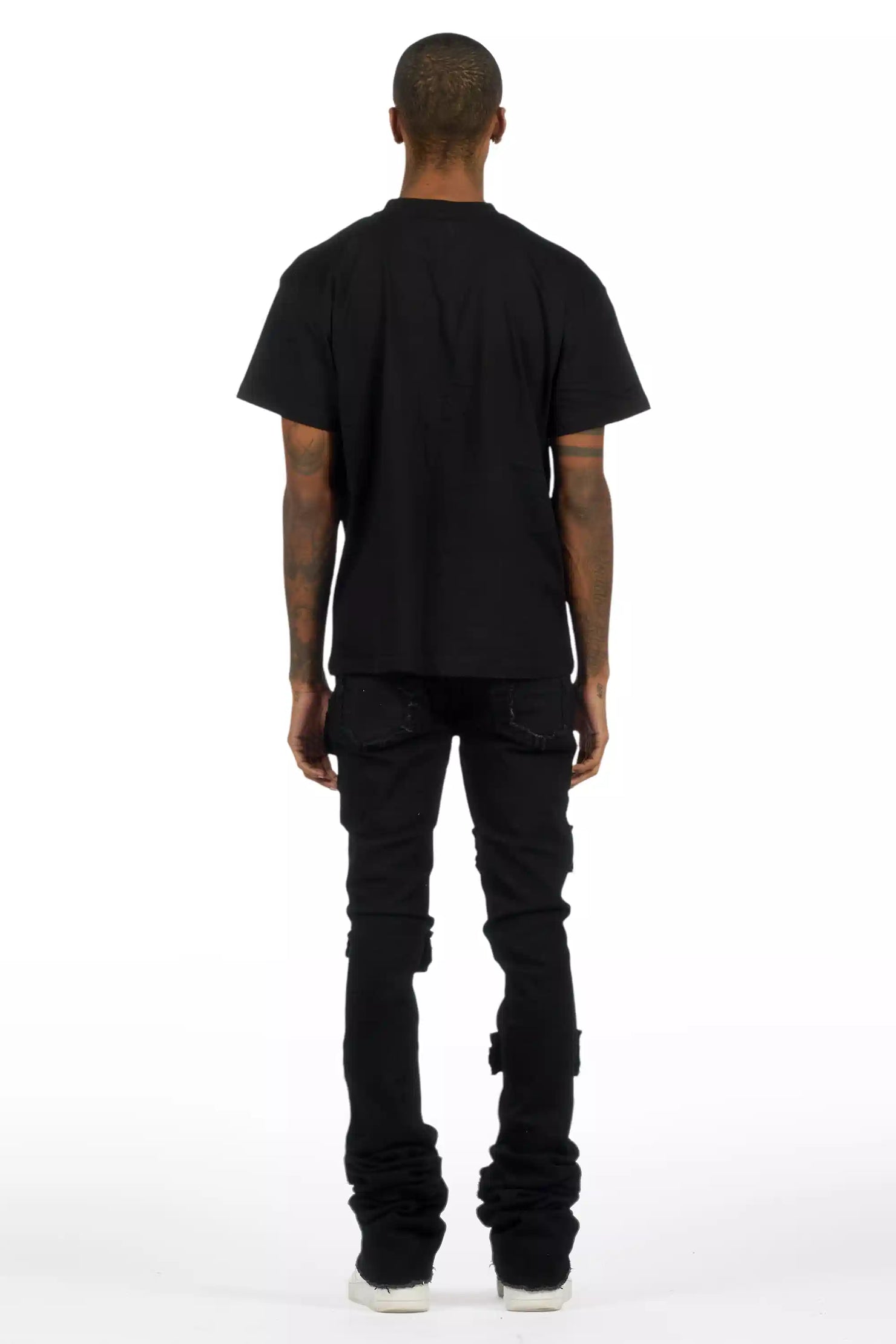 Tarl Black Oversized T-Shirt/Painted Super Stacked Flare Jean Bundle