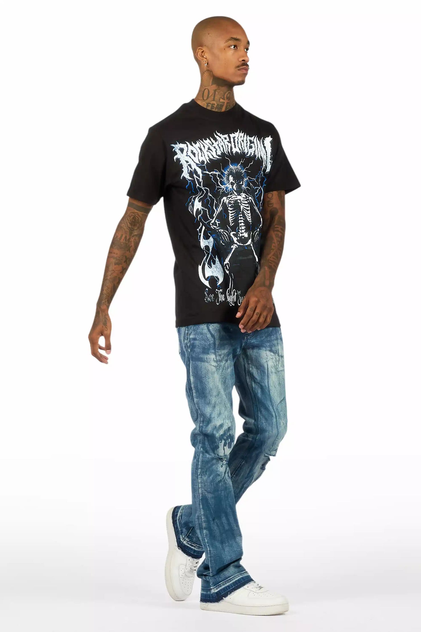 Inkspill Blue Oil Wash Stacked Flare Jean