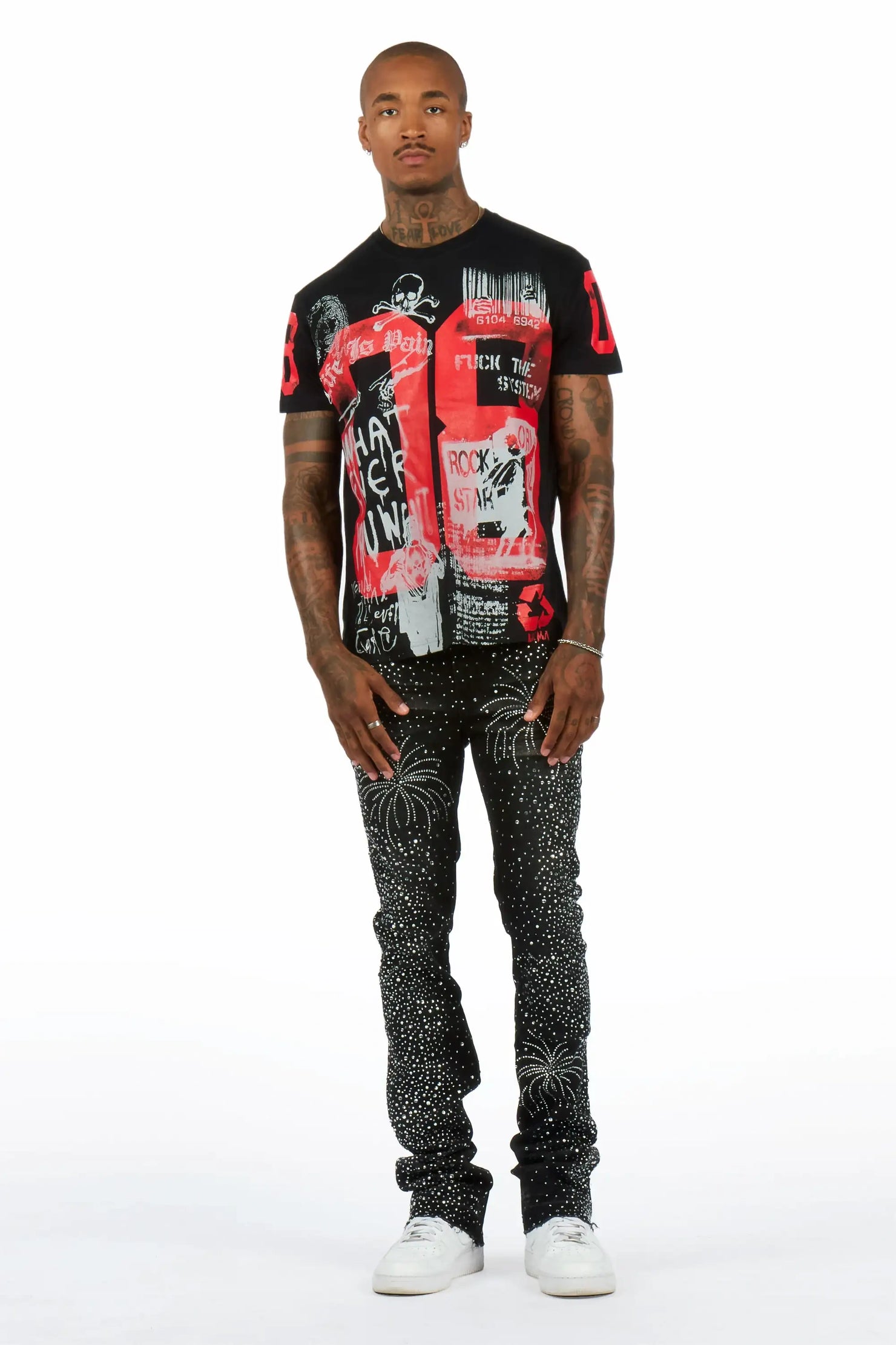 Raiden Dark Grey Rhinestone Stacked Fit Jean