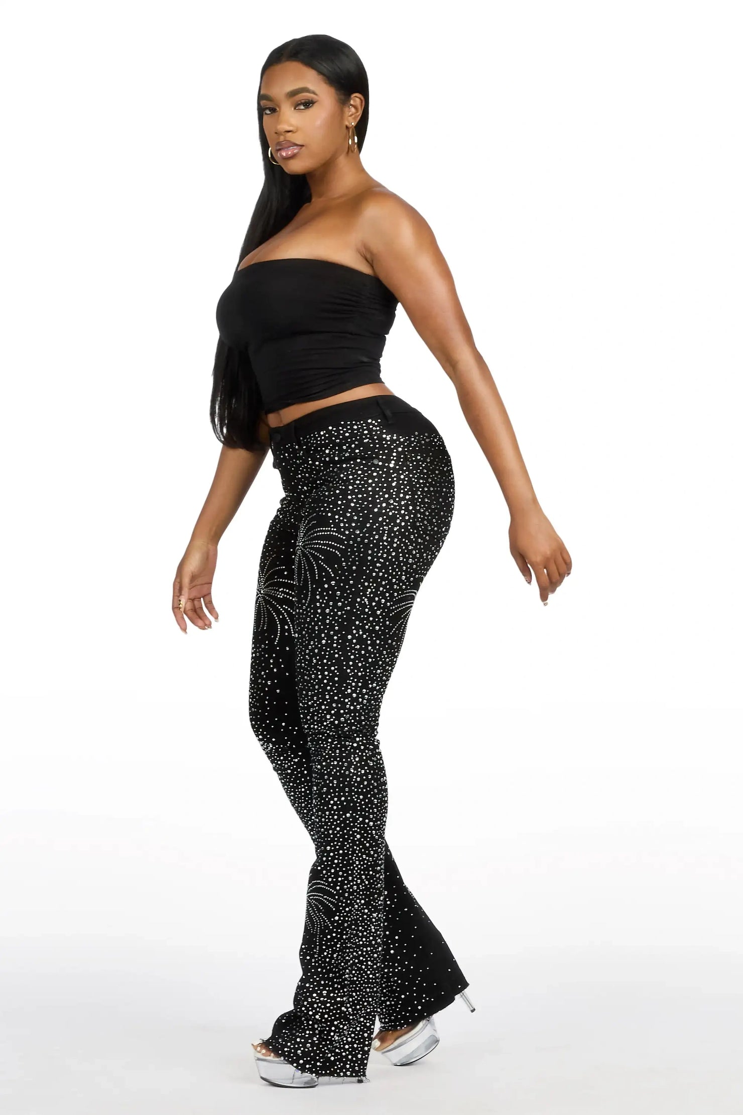 Jamella Black Rhinestone Stacked Flare Jean