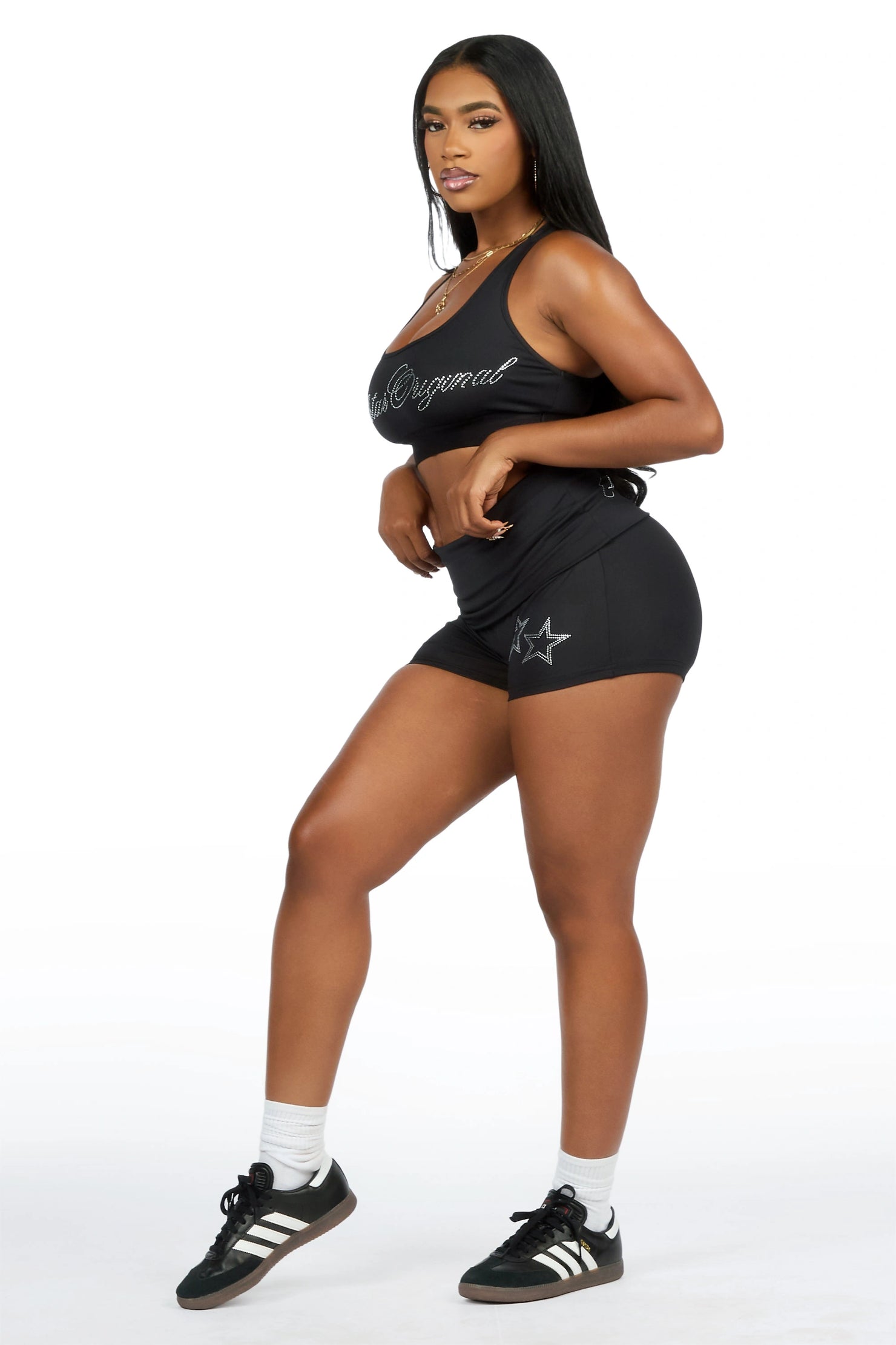 Arieona Black Rhinestone Sports Bra Foldover Short Set