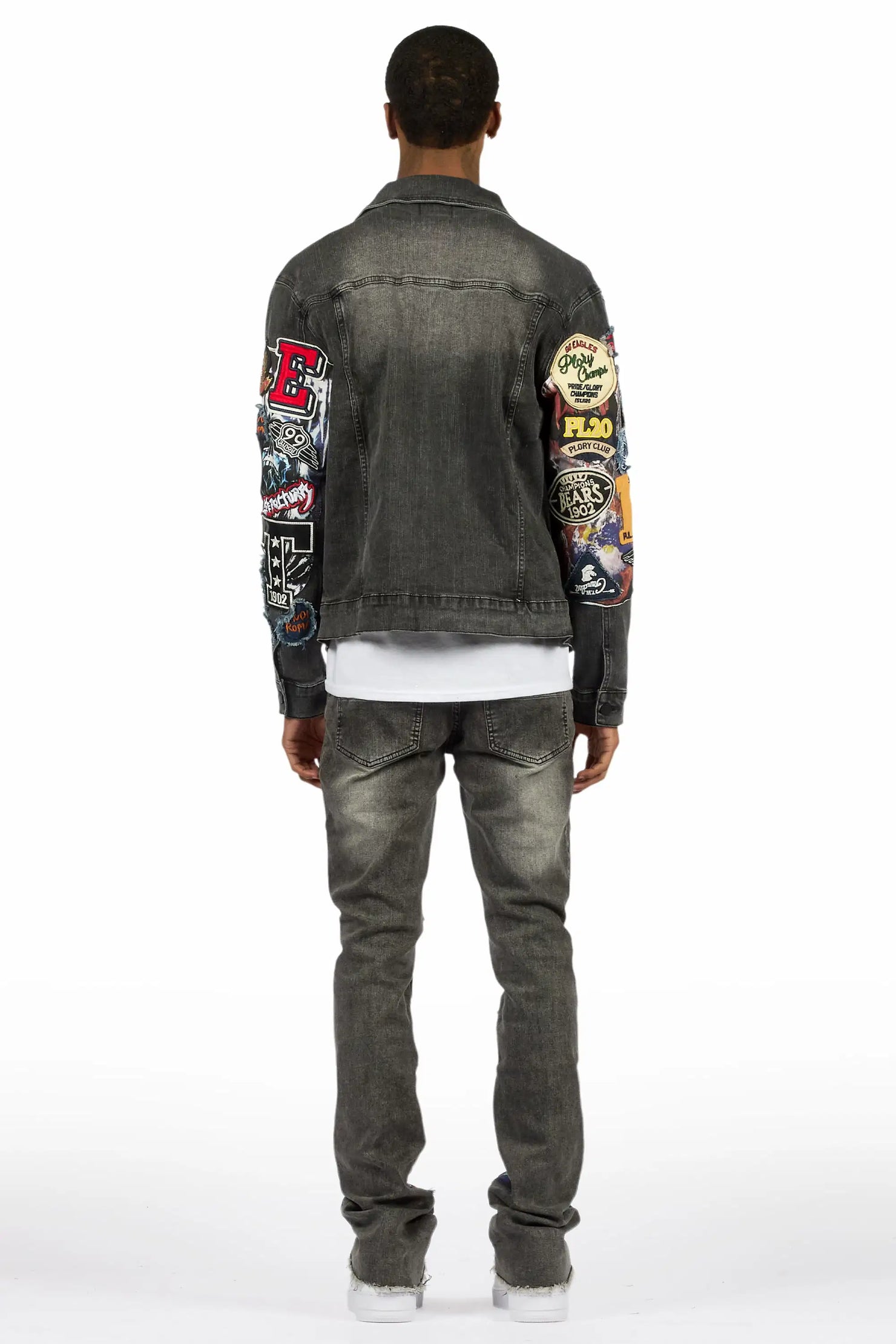 Espan Dark Grey Denim Jacket/Stacked Flare Jean Set