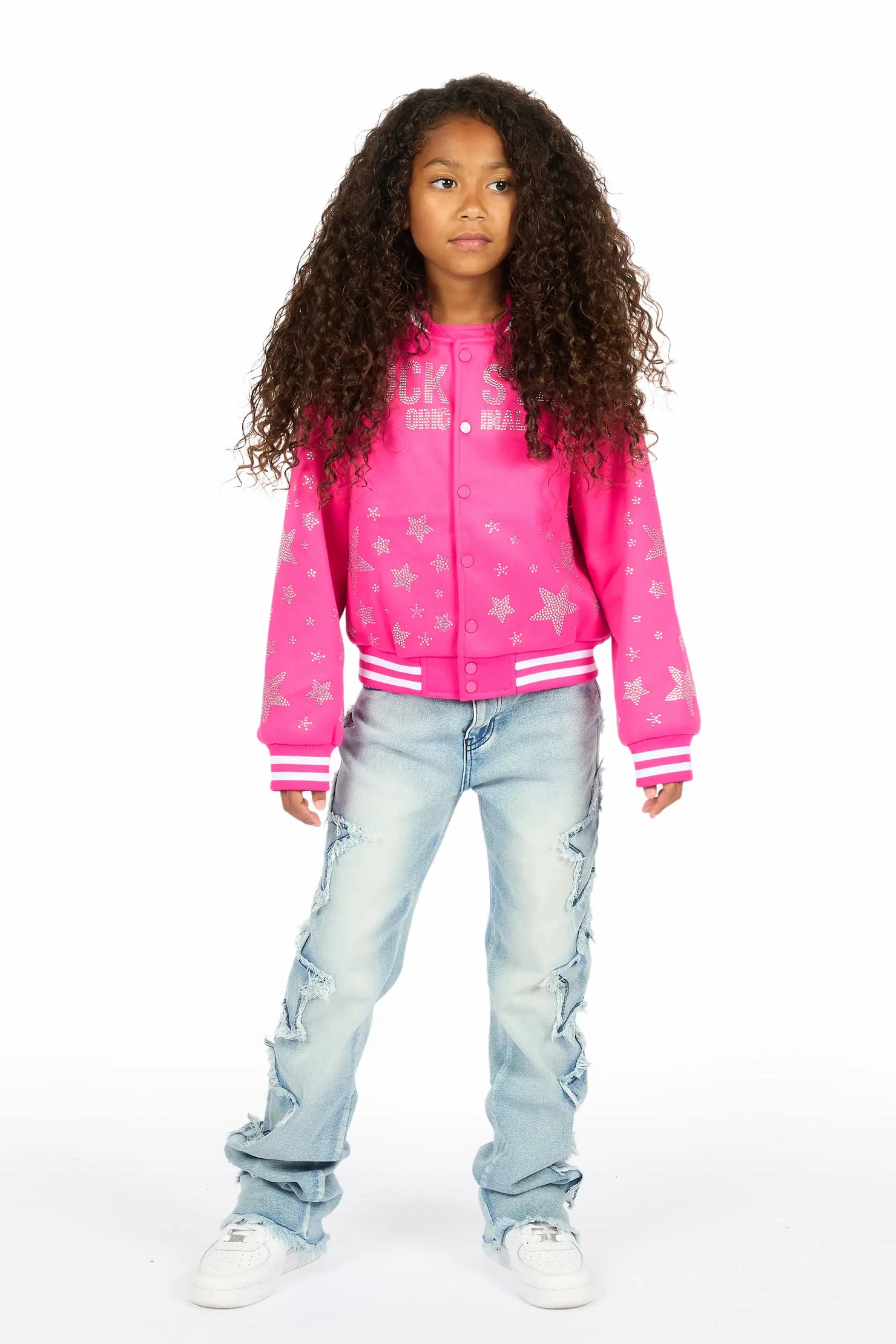 Girls Shanda Pink Crop Varsity Jacket