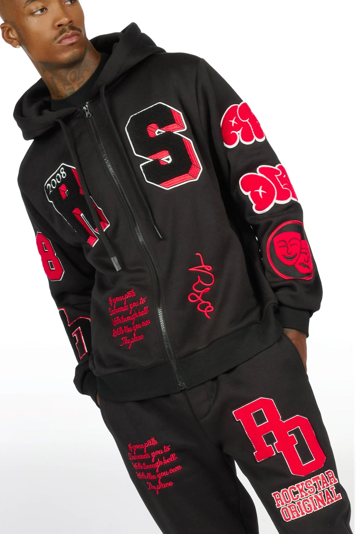 Leslaw Black/Red Zip Up Hoodie Stacked Track Set