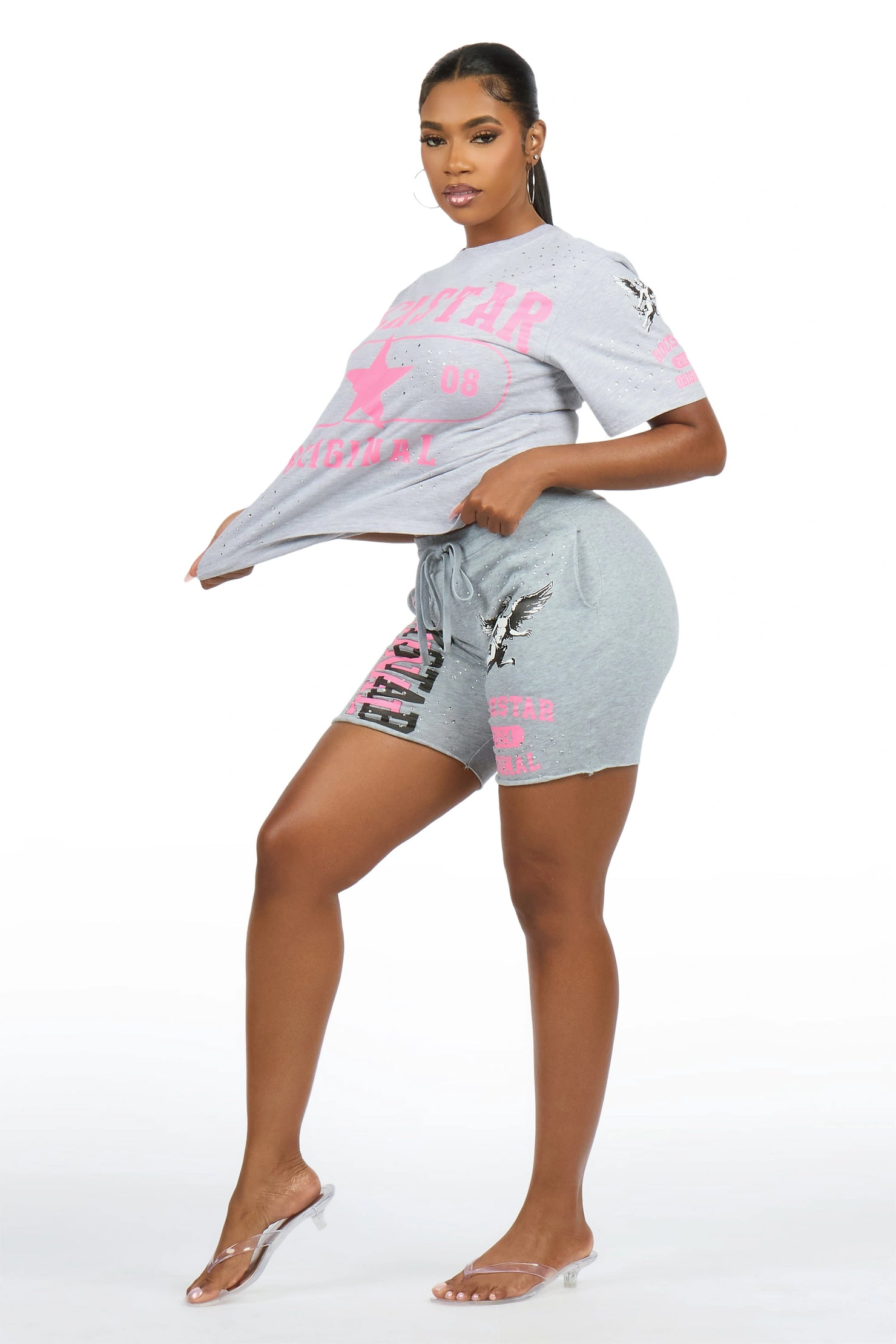 Kyesha Grey Rhinestone T-Shirt Short Set