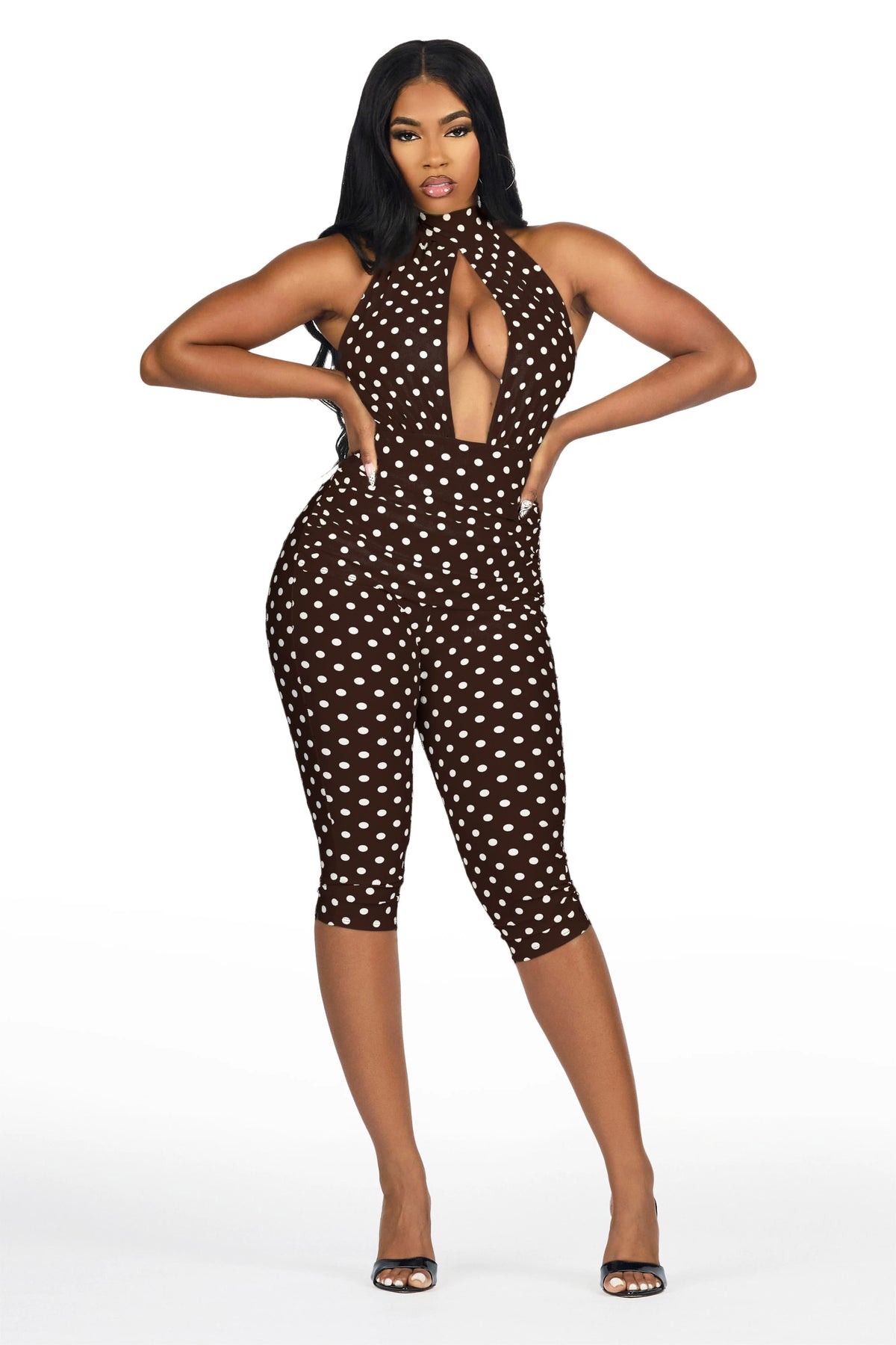 Dott-ed Brown Polka Dot Capri Jumpsuit