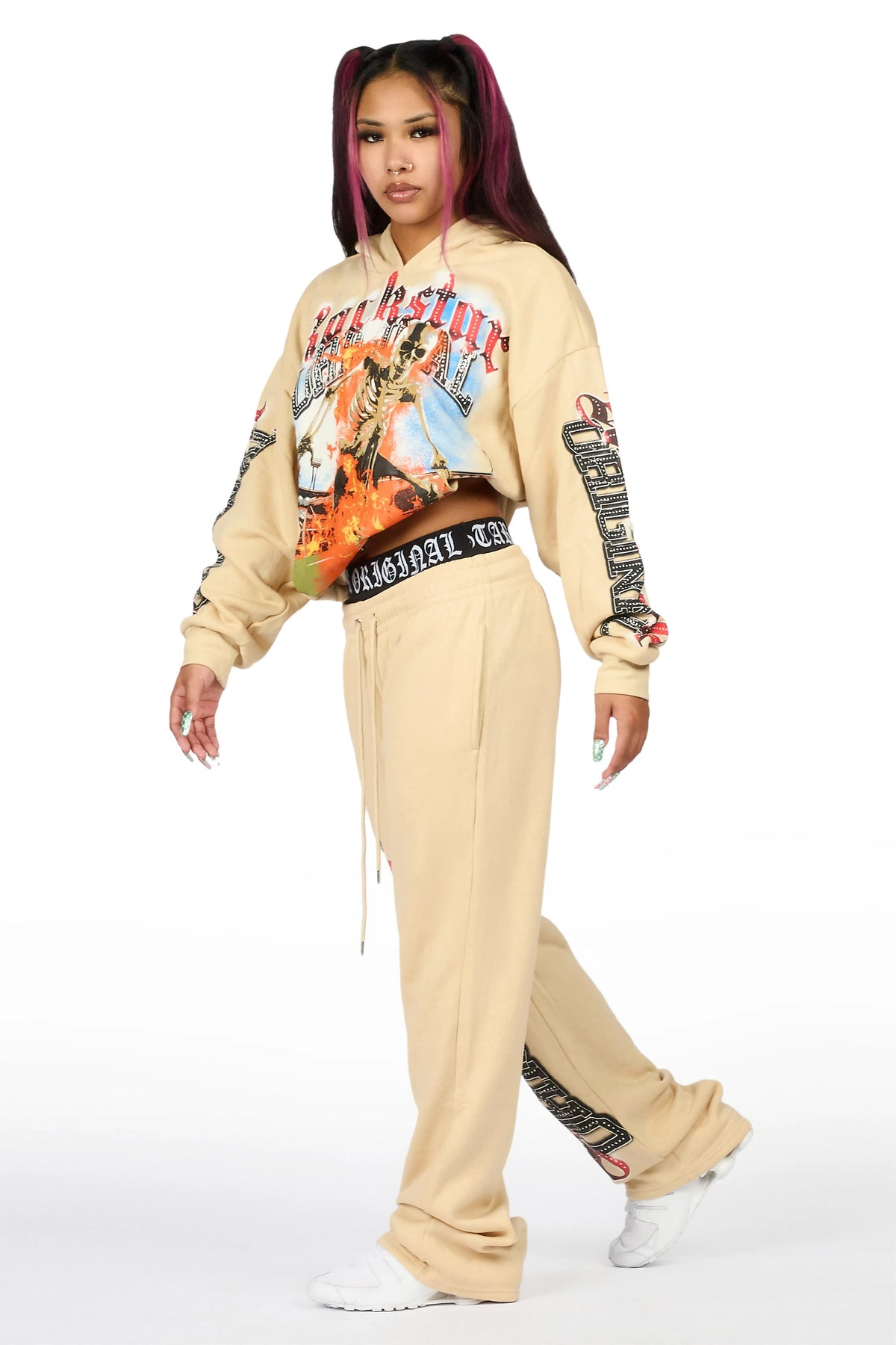 Zarina Beige Graphic Baggy Fit Track Set