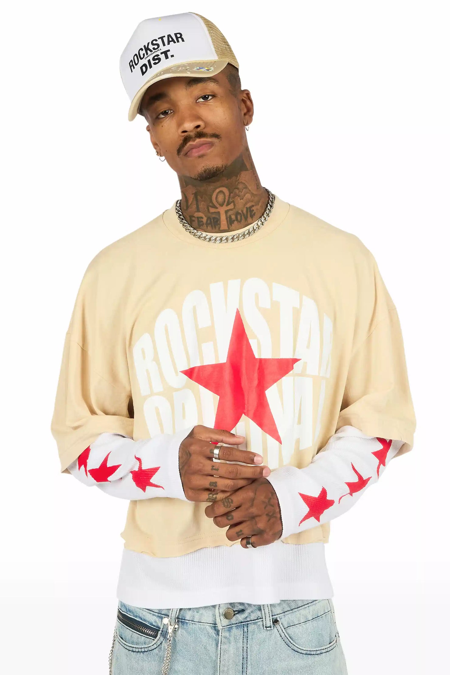 States Beige/White Boxy Crop Double Layer Tee