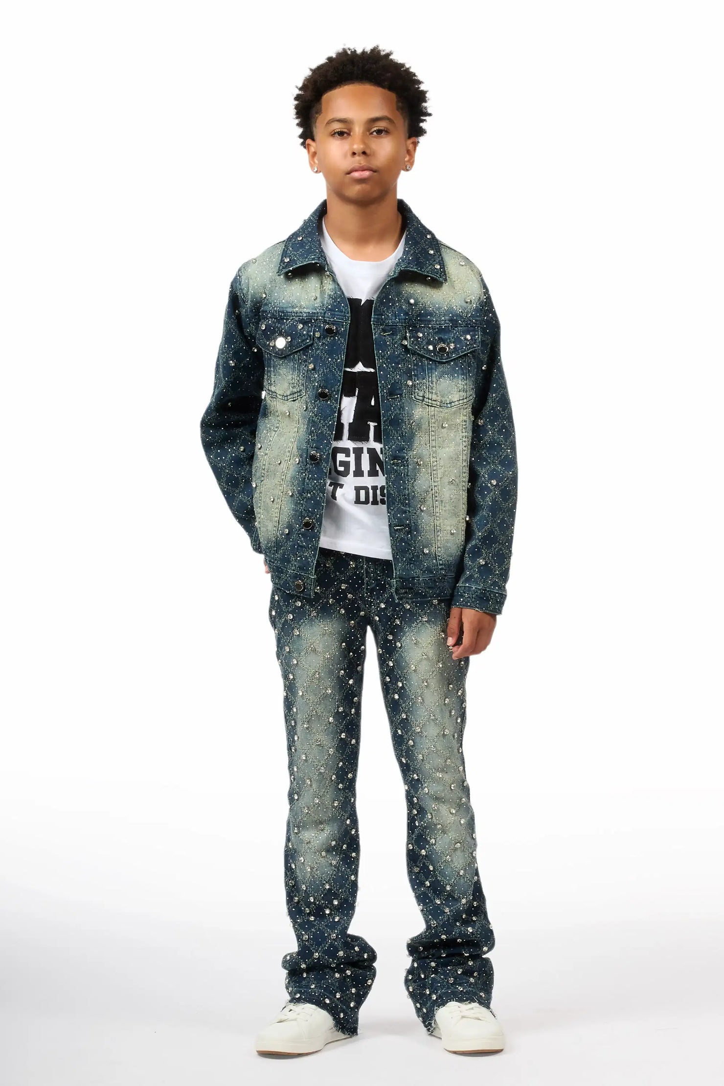 Boys Sareka Dark Wash Rhinestone Denim Jacket & Sareka Stacked Jean Set