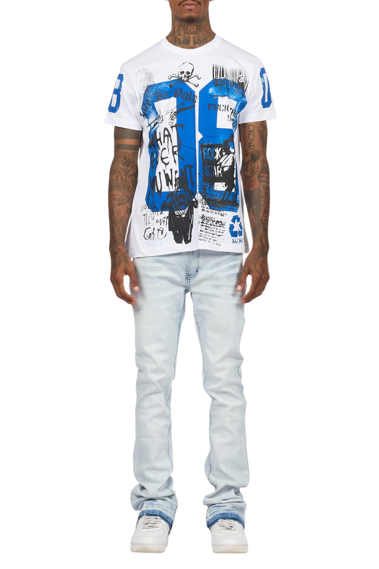 Grill White/Blue Oversized Graphic T-Shirt/Dag Stacked Flare Jean Set