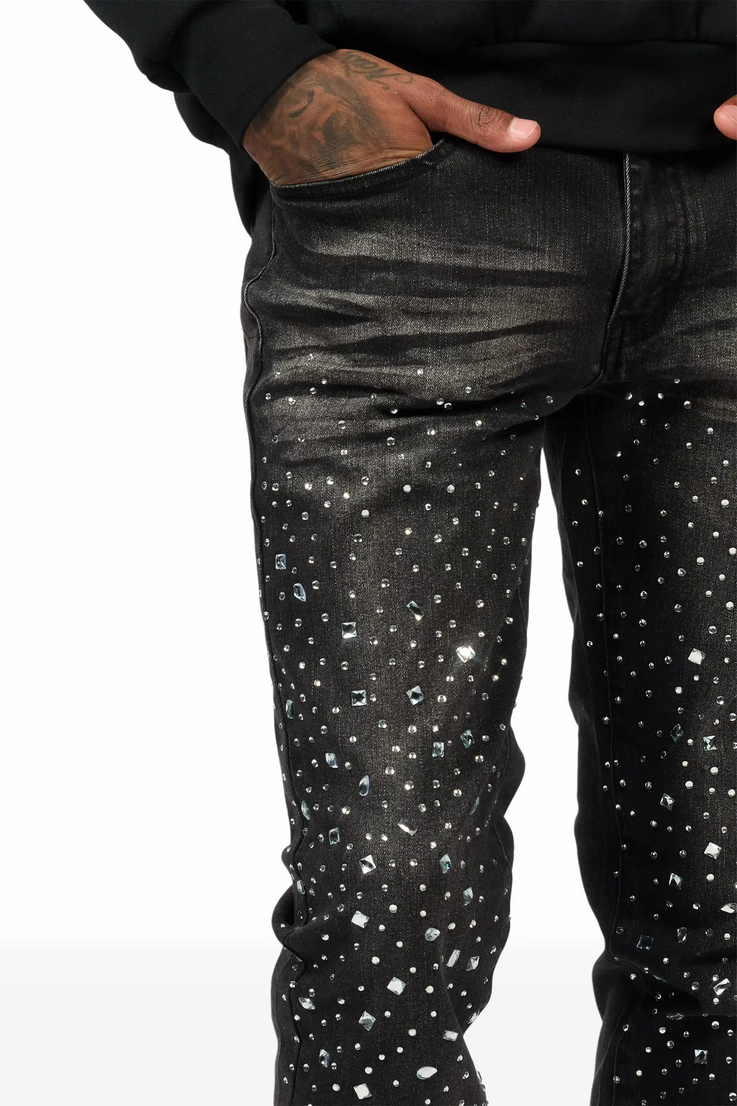 Twinkle Dark Grey Rhinestone Stacked Flare Jean
