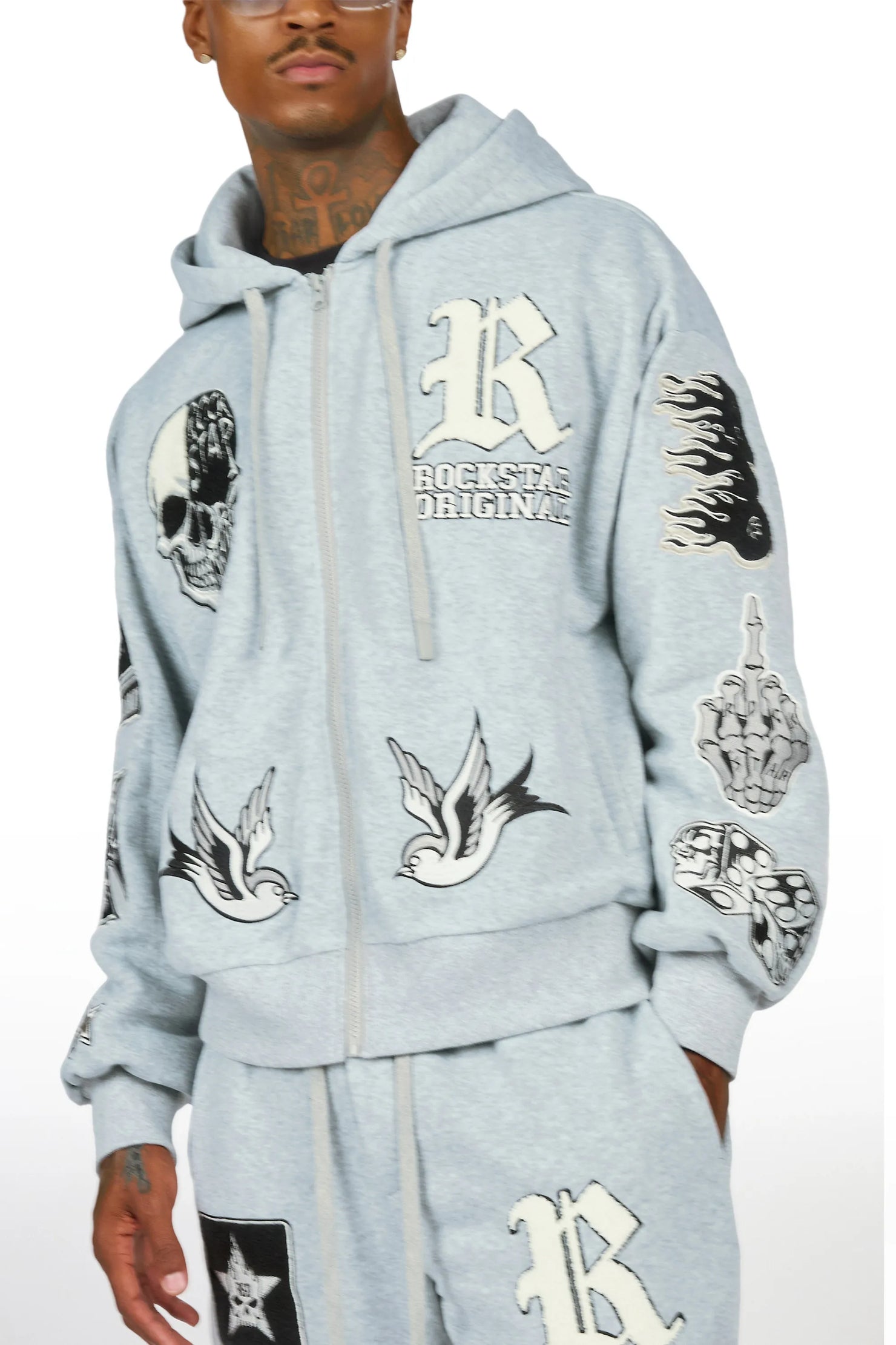 Vidar Heather Grey Zip Up Hoodie Stacked Track Set