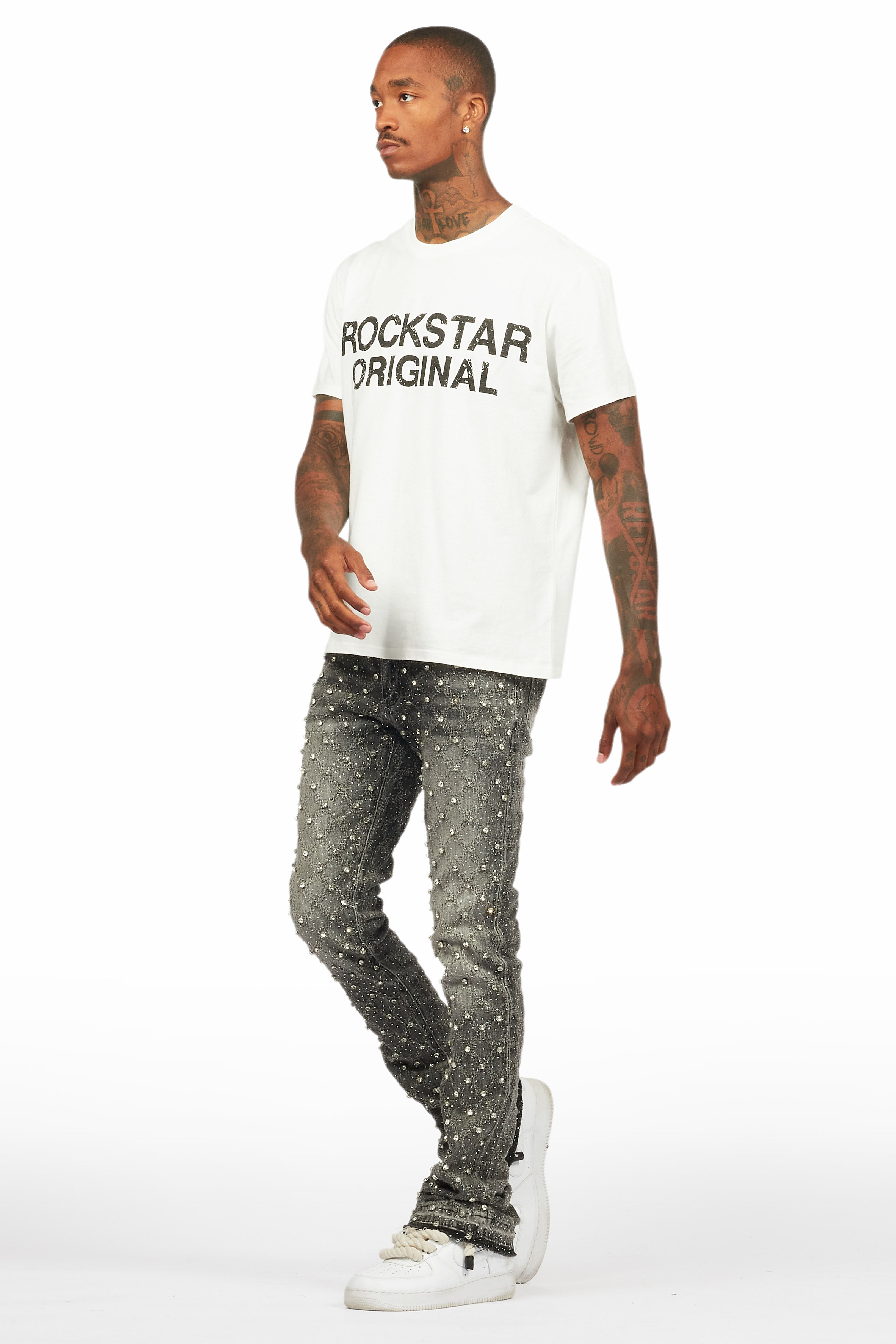 Glit Grey Rhinestone Stacked Flare Jean– Rockstar Original