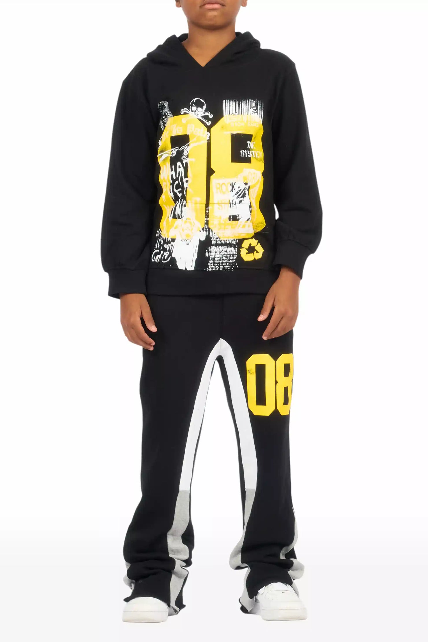 Boys Beau Black/Yellow Hoodie Stacked Flare Track Set