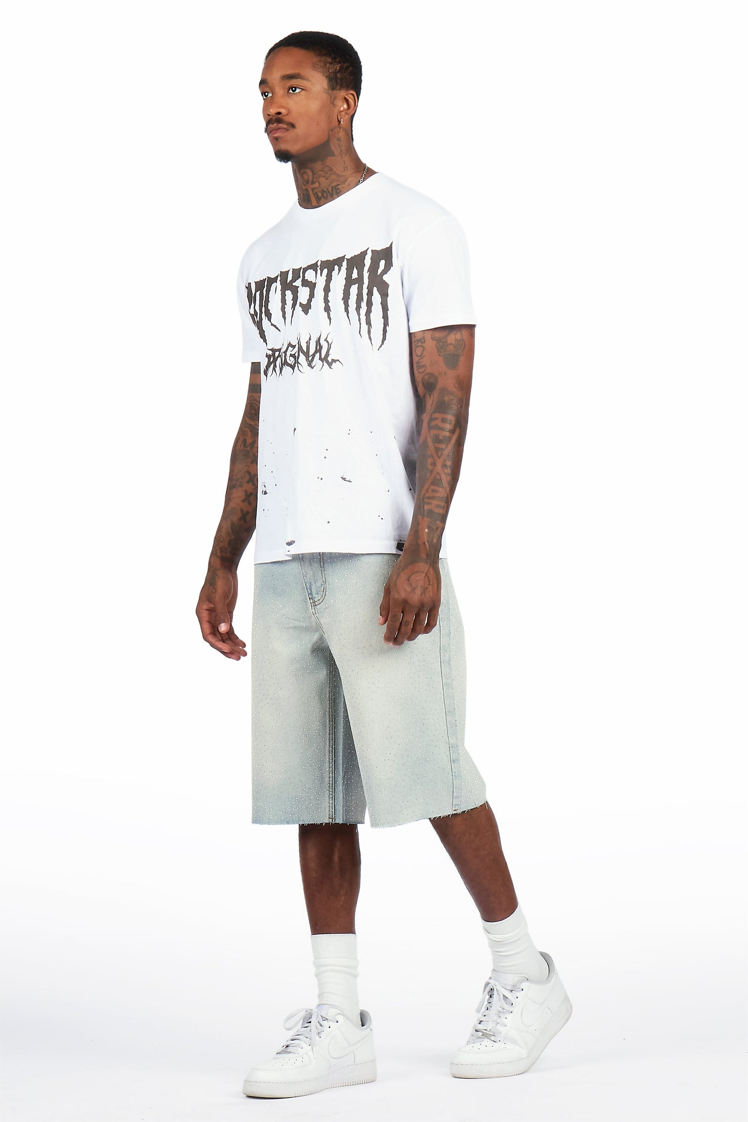 Brayan Light Blue Rhinestones Denim Short
