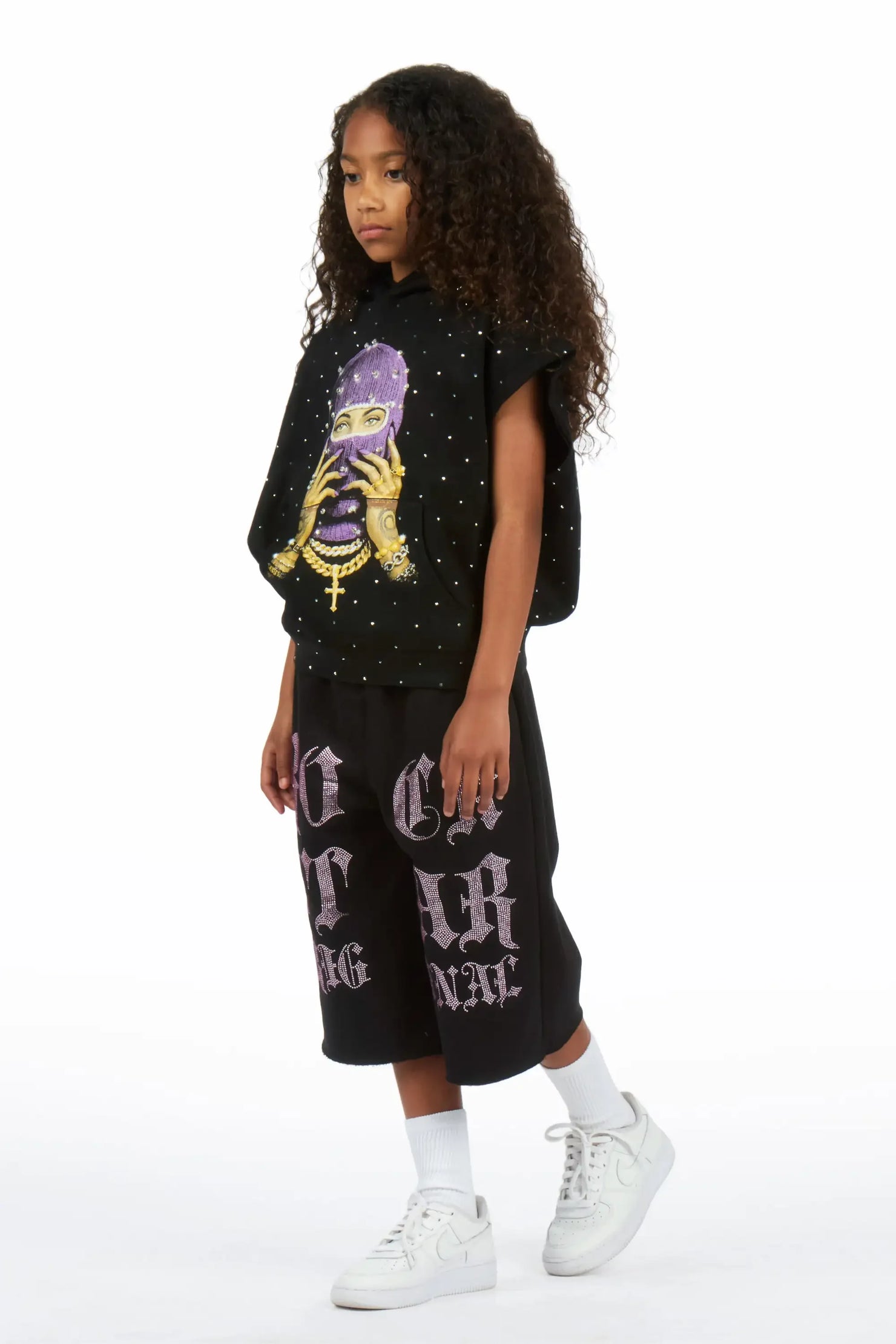 Girls Teiara Black Rhinestone Track Short