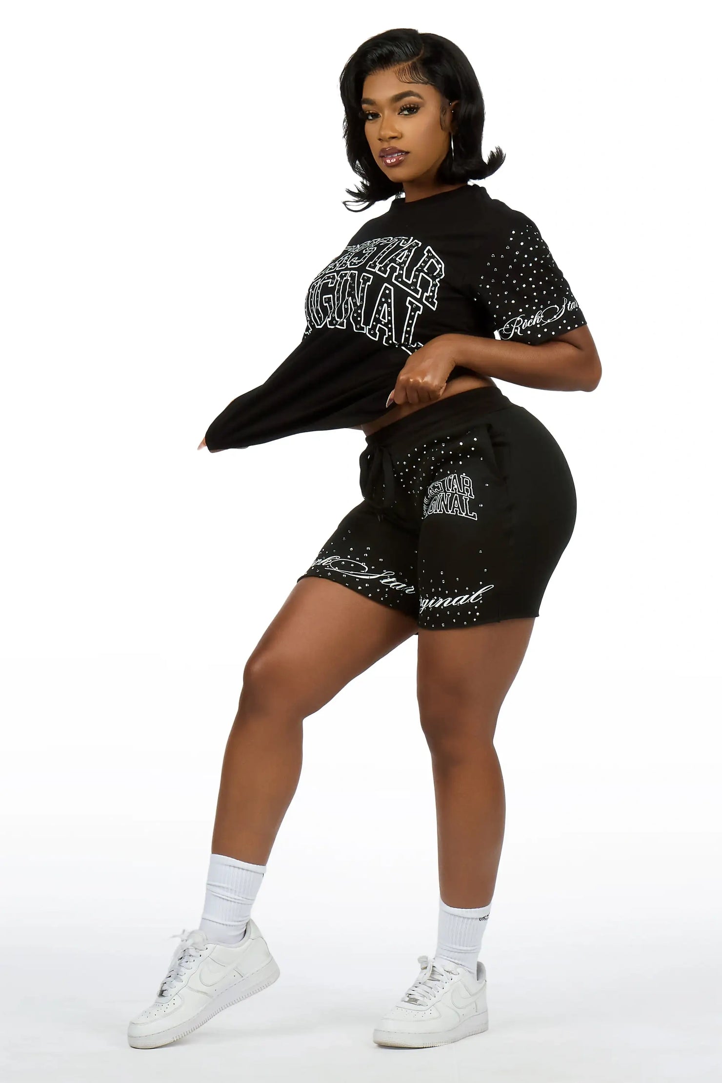 Lakisha Black Rhinestone T-Shirt Short Set