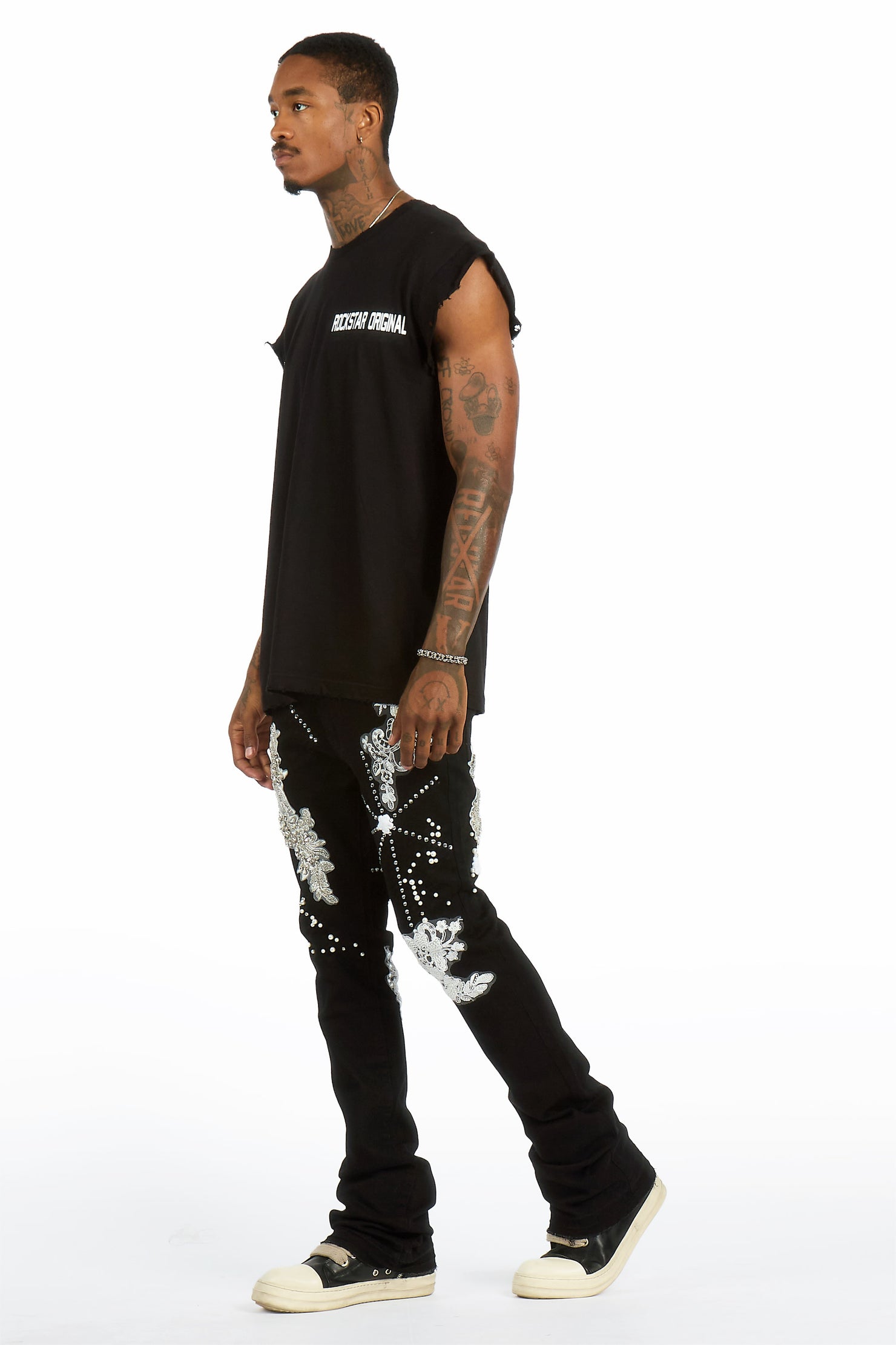 Yezen Black Rhinestone Stacked Fit Jean