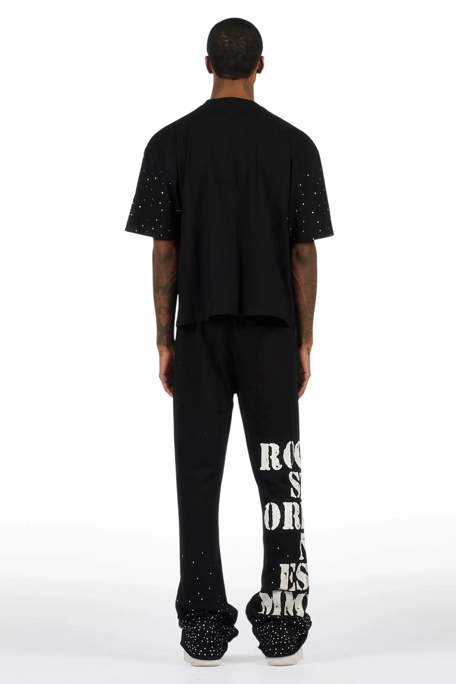 Borya Black Rhinestone T-Shirt/Baggy Stacked Track Set