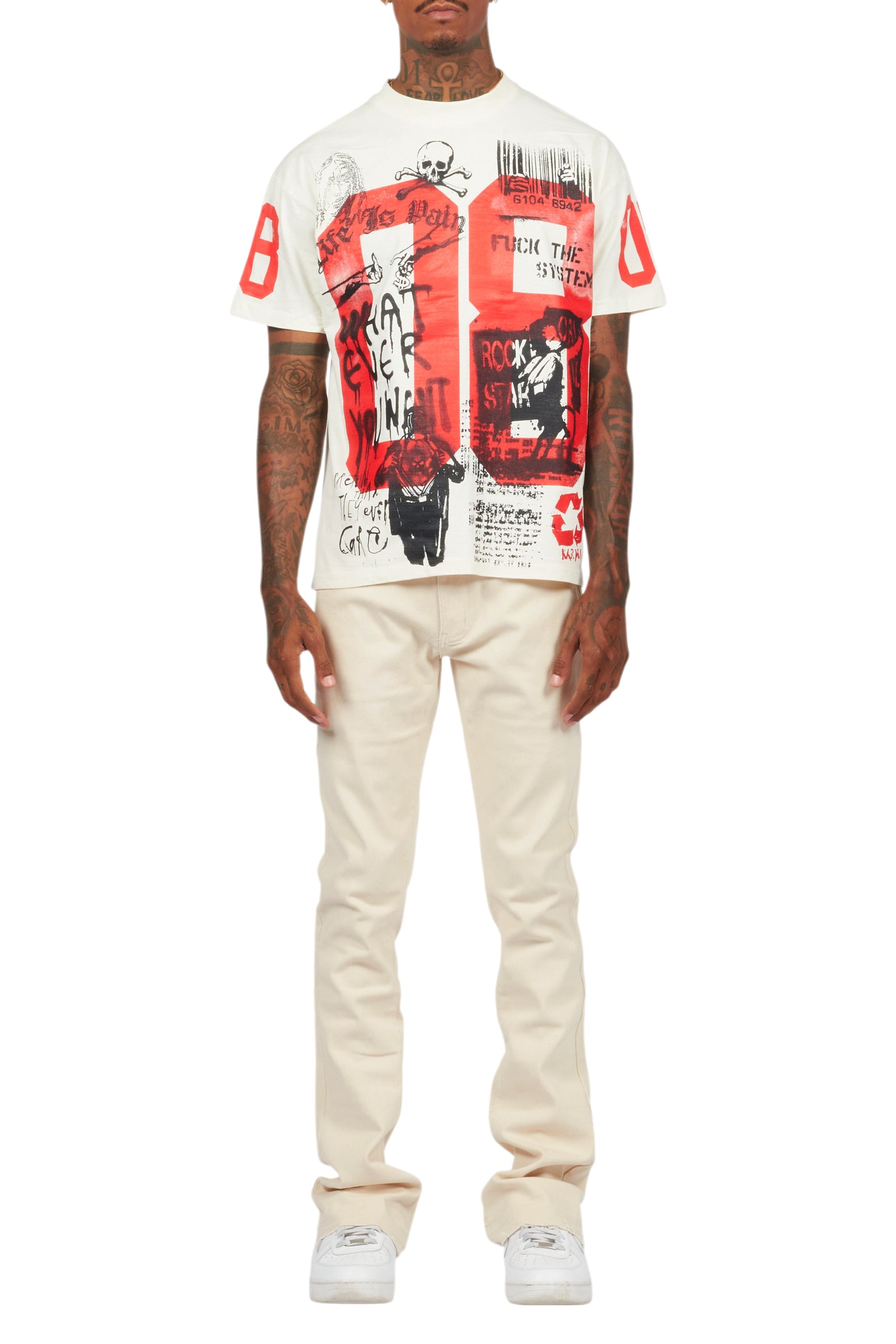 Grill Vintage Sand Oversized Graphic T-Shirt/Dag Stacked Flare Jean Set