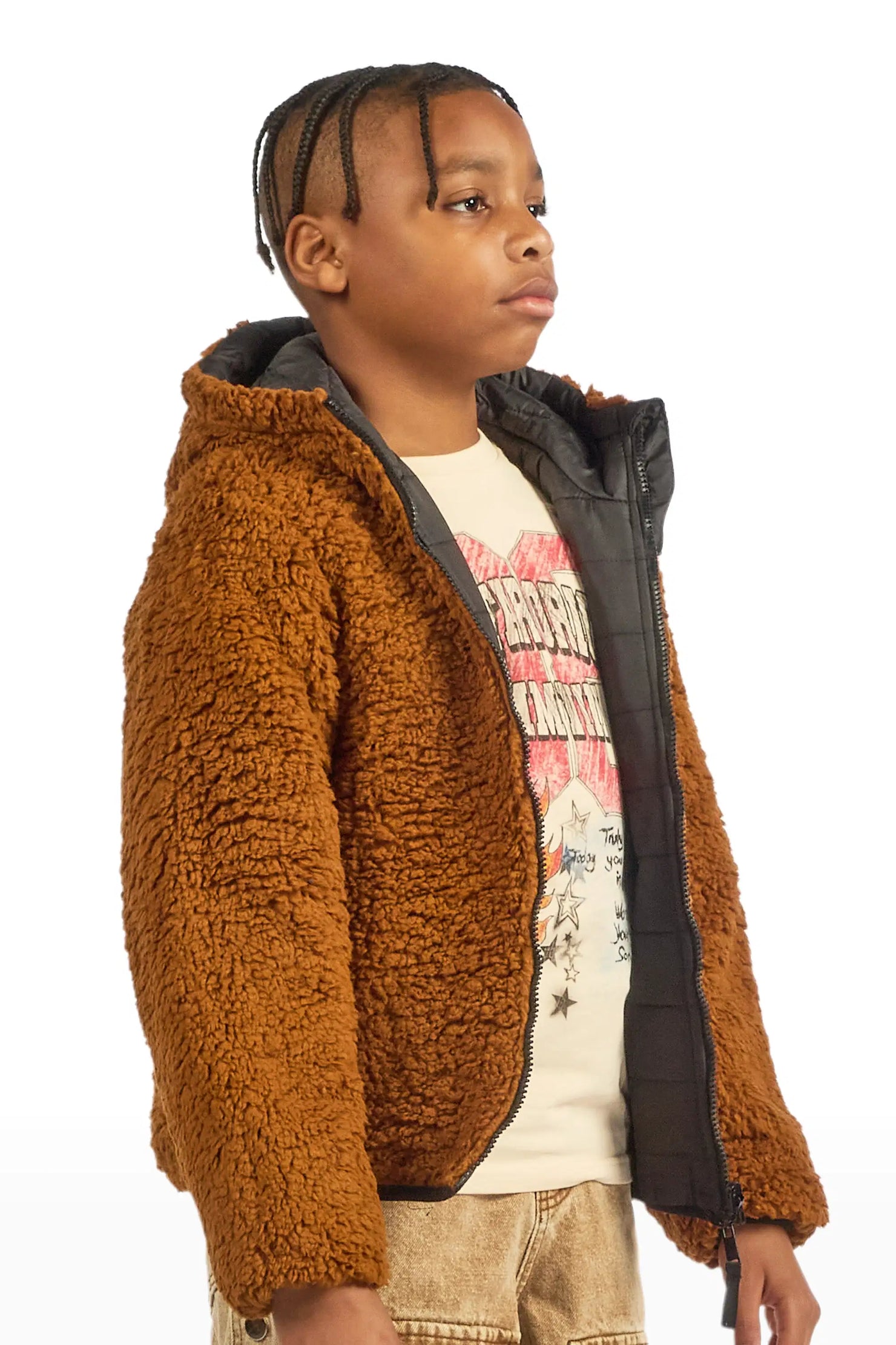 Boys Daegan Black/Brown Reversible Fur Puffer Jacket