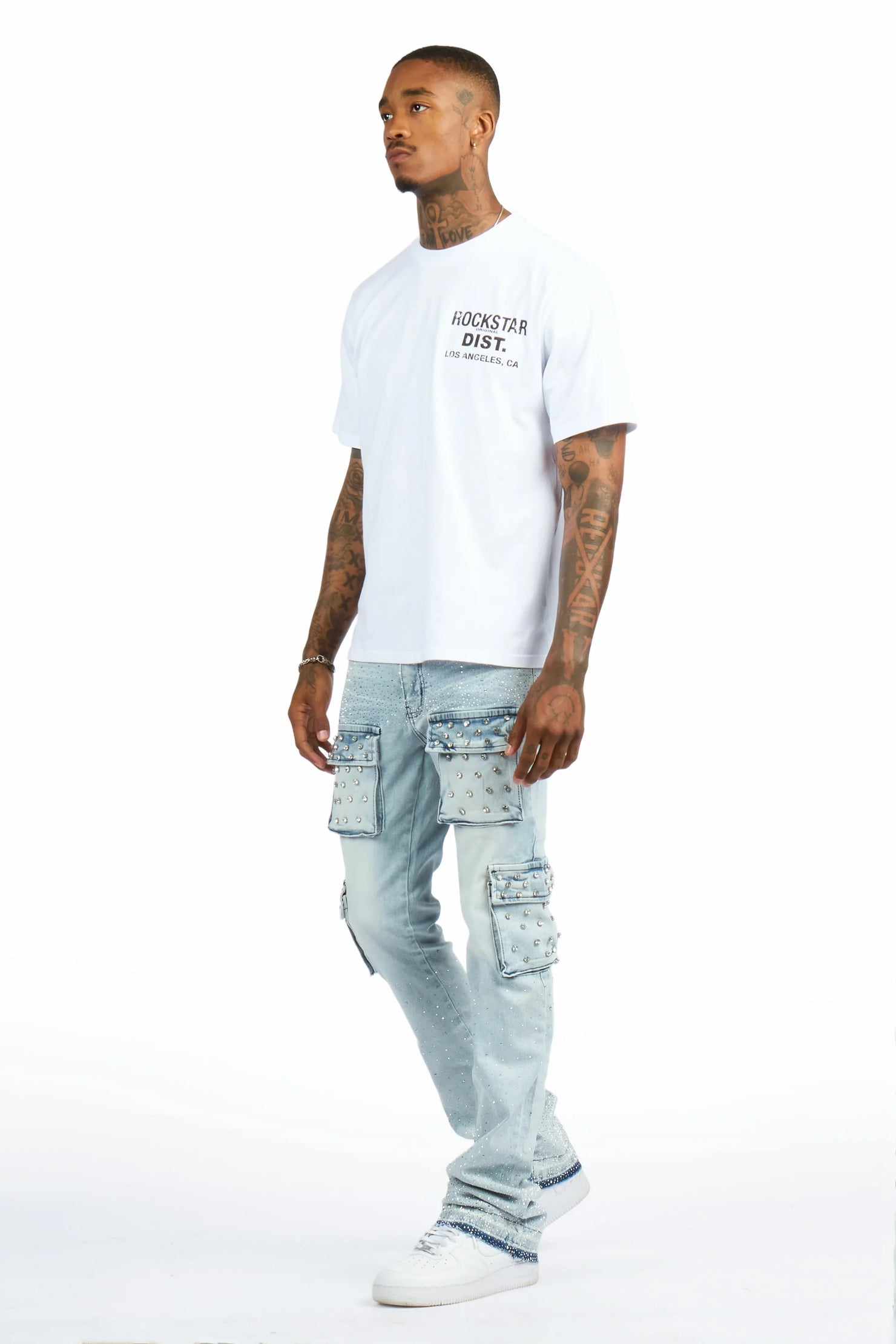 Arman Light Blue Rhinestone Stacked Fit Jean
