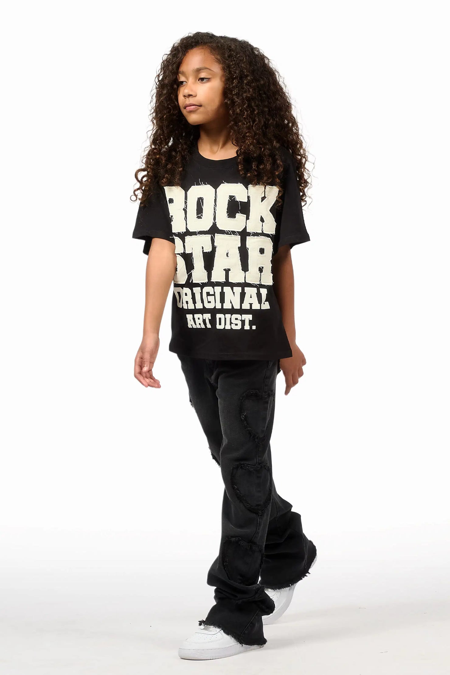 Girls Sinayah Heart Black Stacked Flare Jean