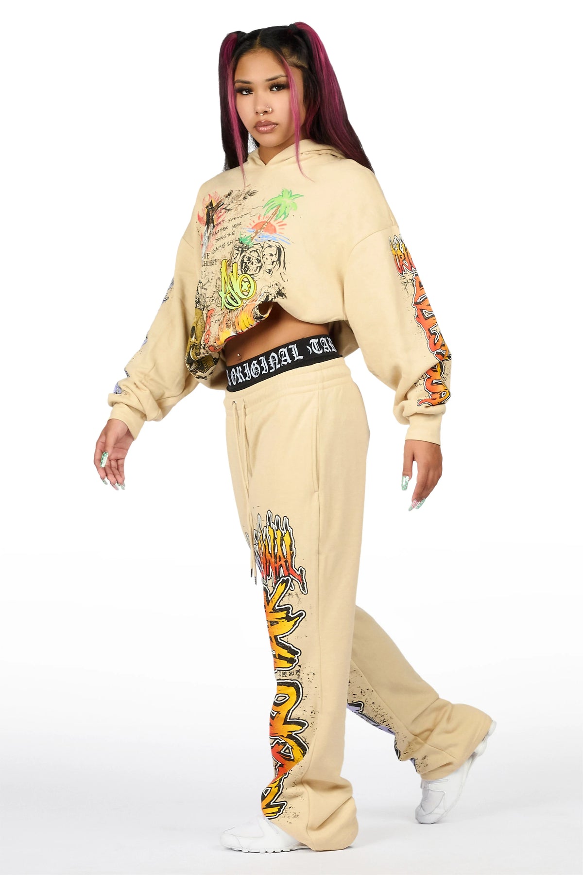 Luxoré Beige Graphic Baggy Fit Track Set