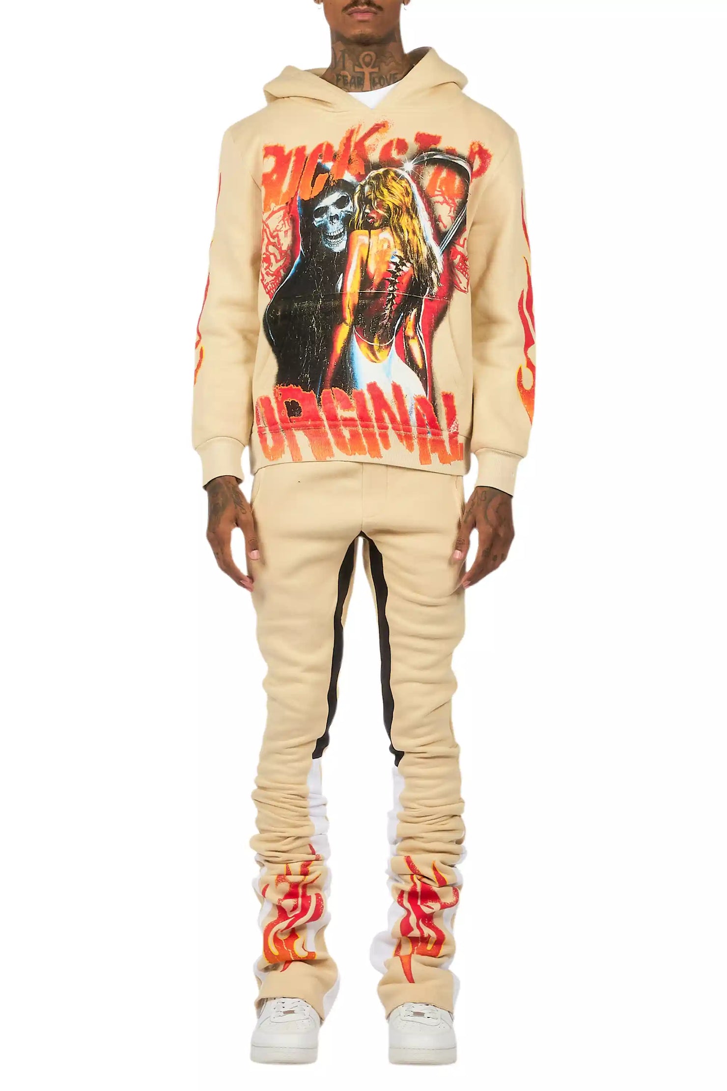 Zo Beige/Red Hoodie/Super Stacked Track Set