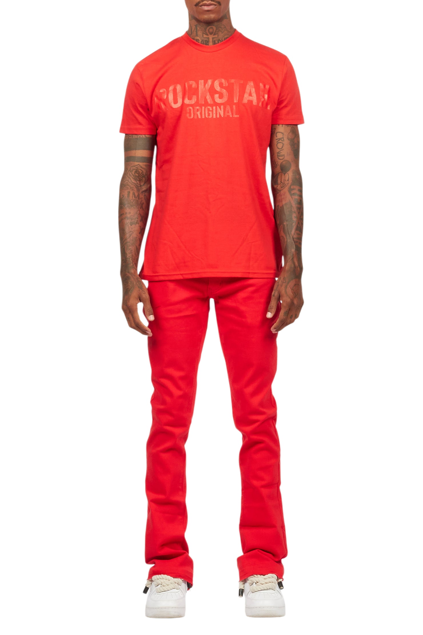 Sana Red T-Shirt/Dag Stacked Flare Jean Set