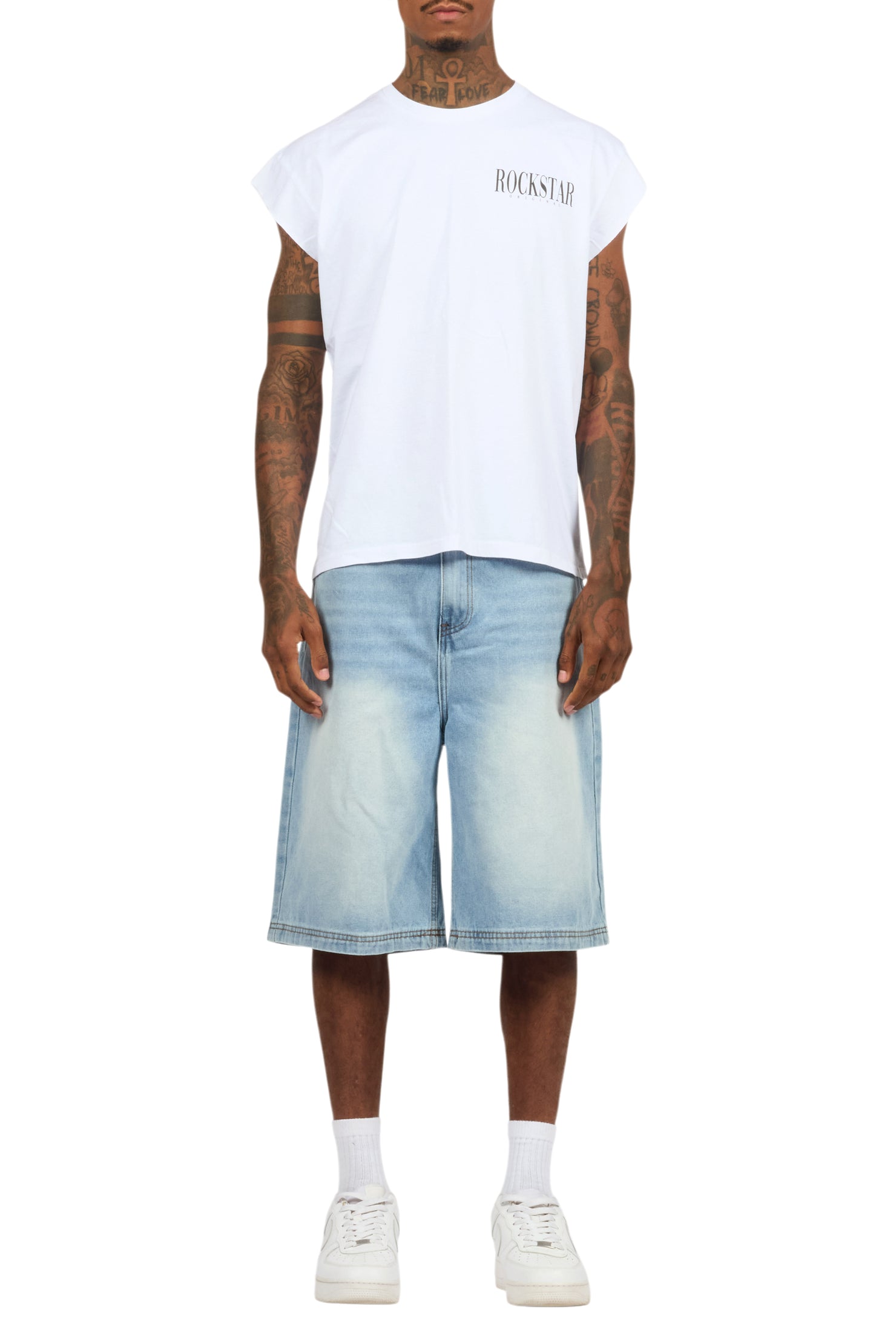 Dayte Nite White Muscle Tee/Denim Jort Set