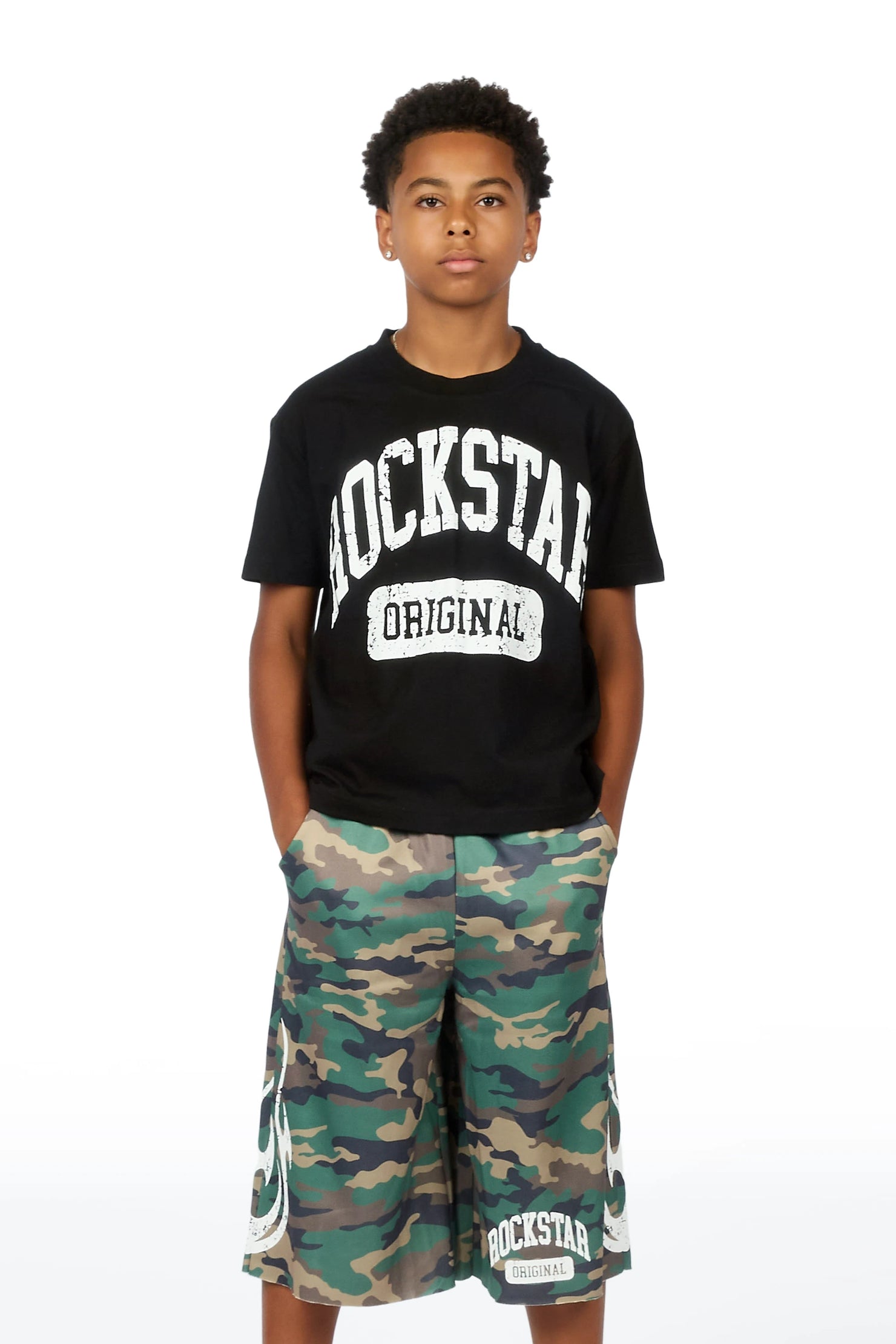Boys Member Black Camo Oversized T-Shirt/Short Set